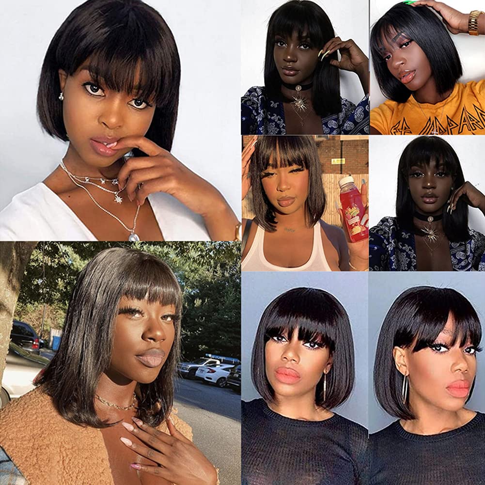 Royal Lady Brazilian Virgin Straight Short Bob Wigs with Bangs - 10 Inch Machine Made Human Hair Wigs for Women (Natural Color) | Perfect for Daily Wear, Cosplay & Fashion Styling
