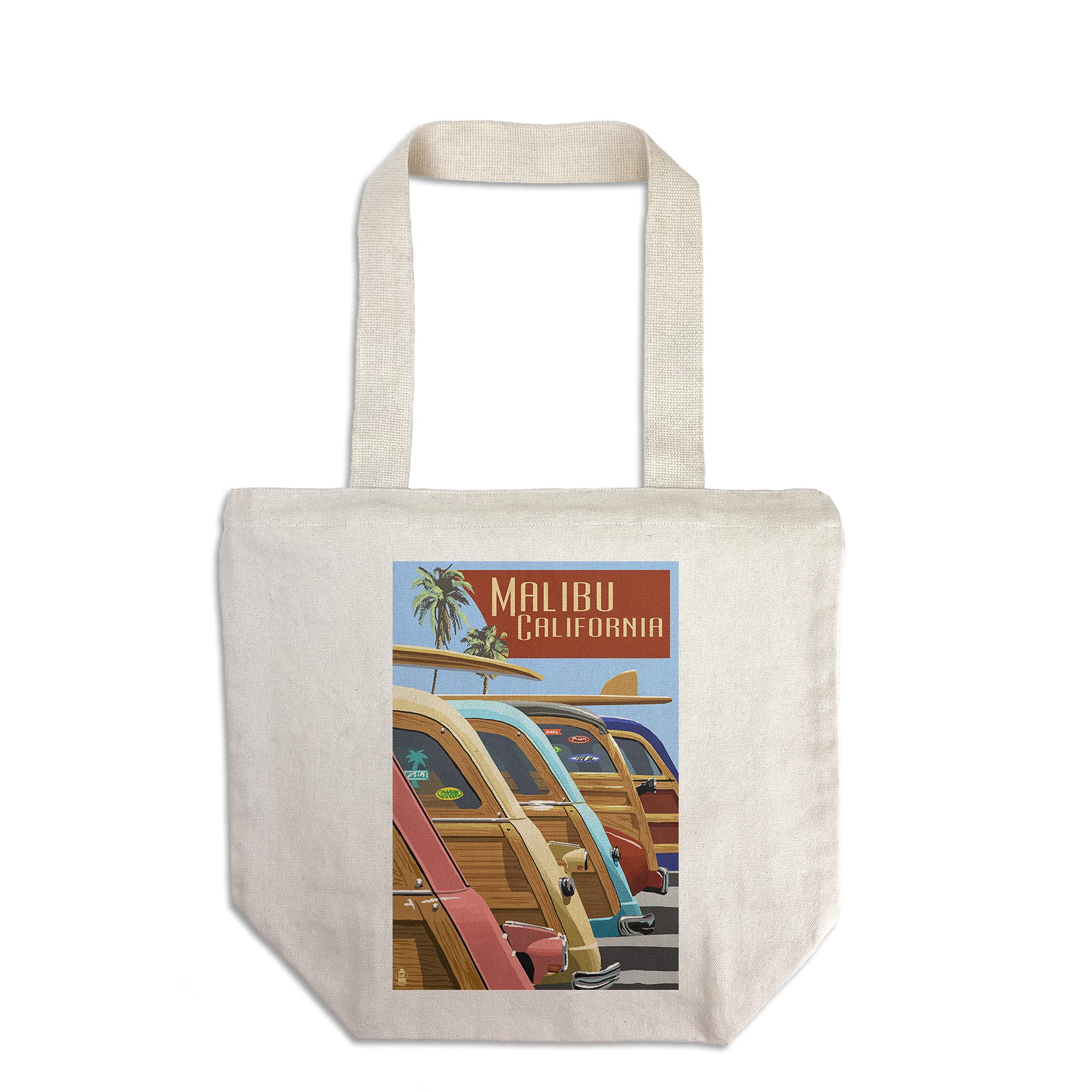 Lantern Press Malibu California Woodies Lined Up - 100% Cotton Canvas Reusable Tote Bag for Beach, Shopping & Groceries