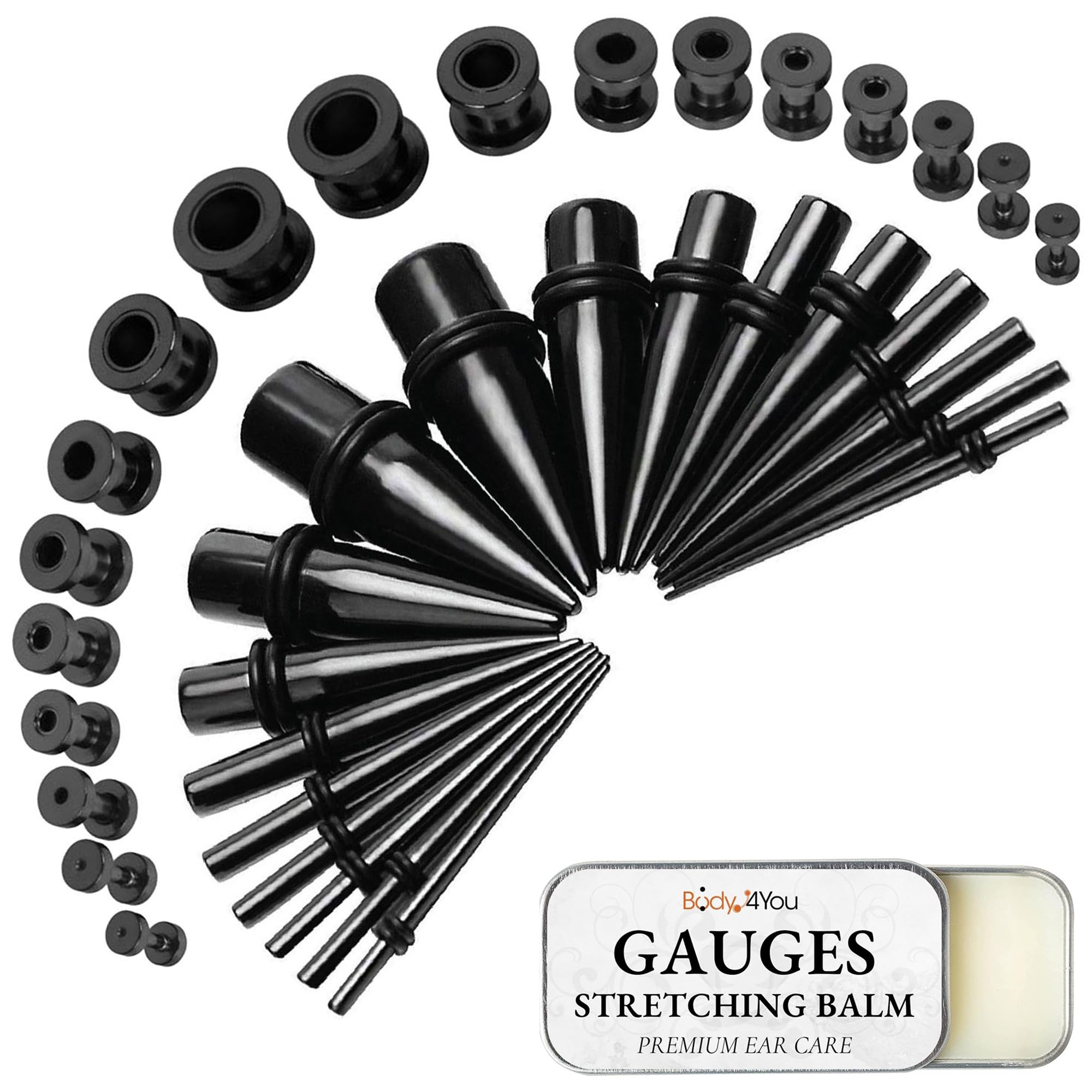 BodyJ4You 37PC Ear Stretching Kit - 14G to 00G Gauges for Beginners with Steel Tapers, Single Flare Plugs & Screw Fit Tunnels - Includes Aftercare Balm Wax - Perfect for Ear Piercing Jewelry & Stretching - Ideal for Men & Women - Great for Daily Wear, Parties & Body Modification