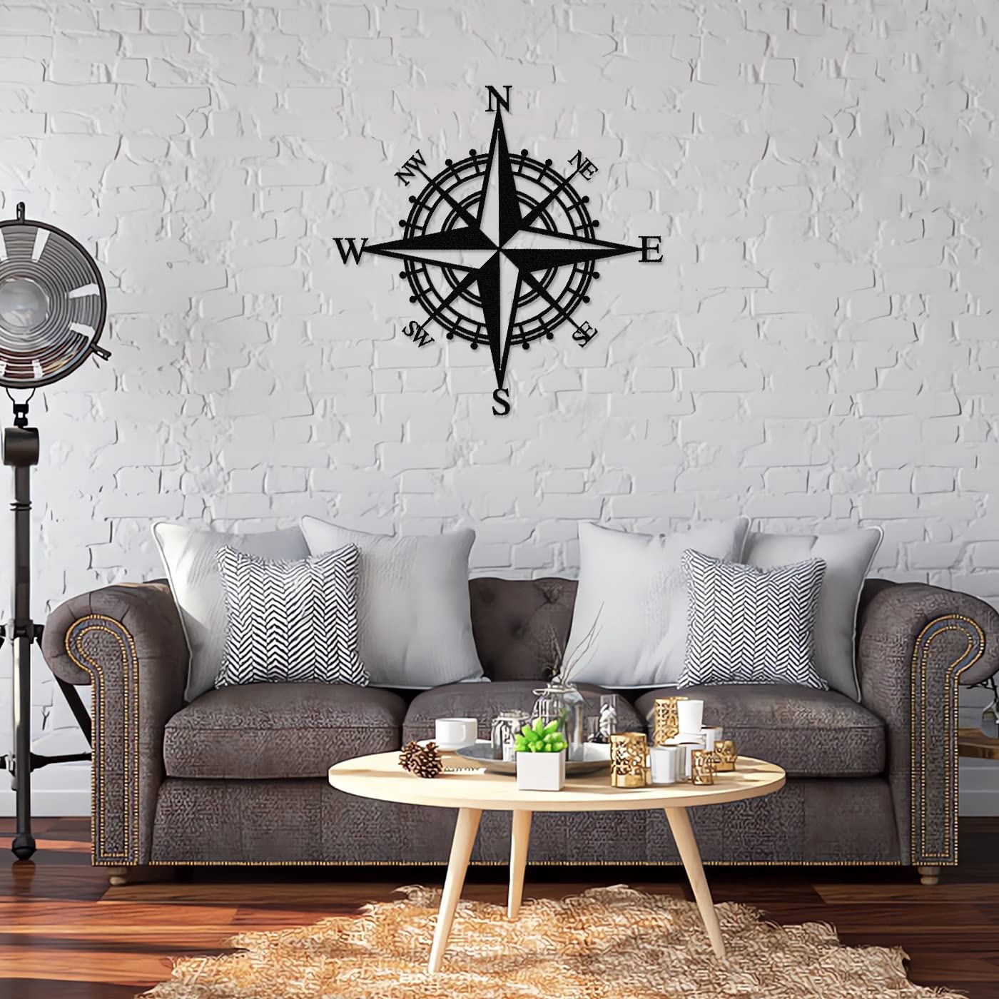 Black Metal Nautical Compass Wall Decor - 43cm Decorative Compass for Living Room, Office, Porch, Garden, Patio | Perfect for Coastal, Nautical & Travel Themed Home Decor