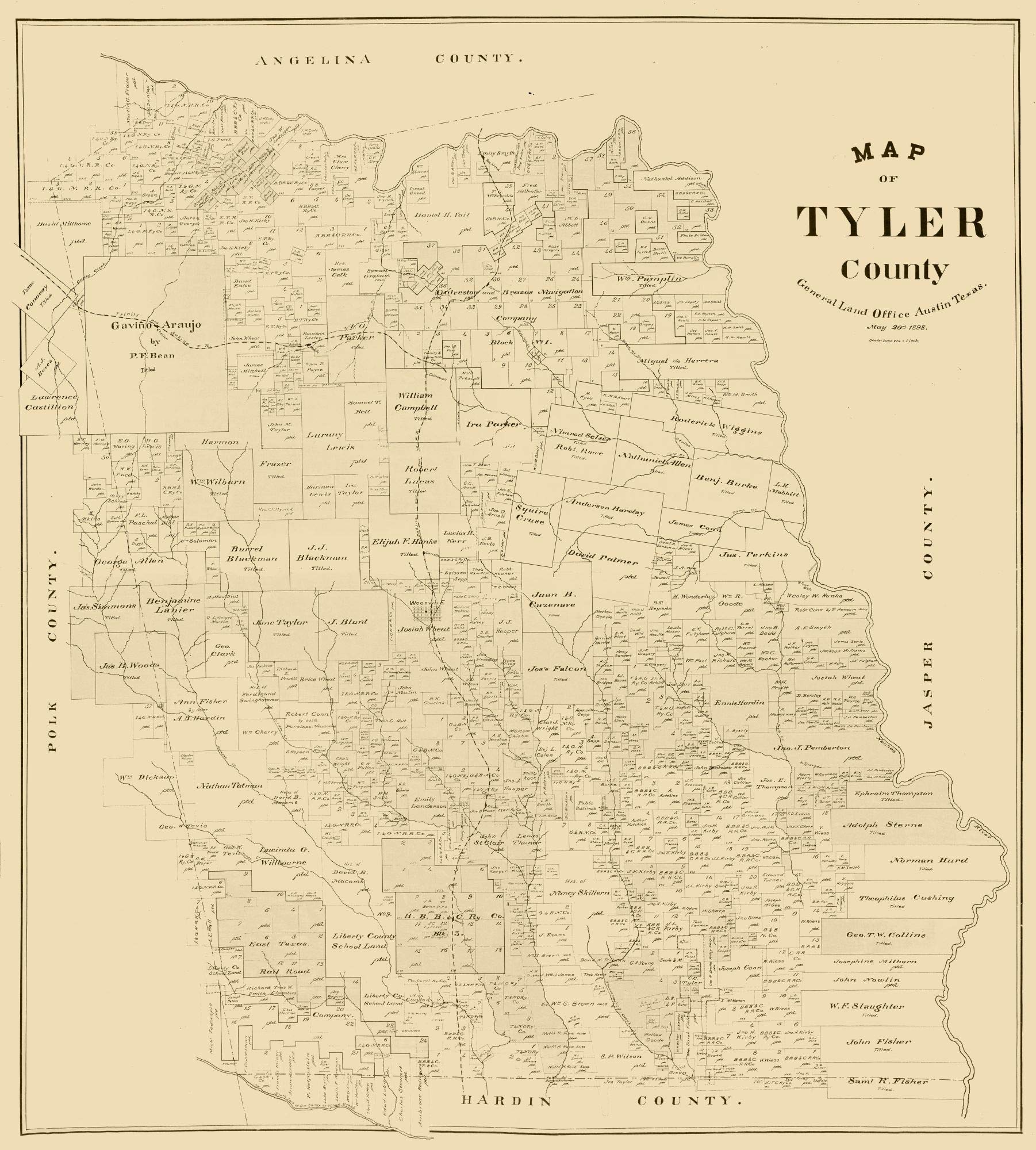 Vintage 1898 Tyler County Texas Map - 23.00 x 25.53 General Land Office Reproduction on Glossy Satin Paper - Perfect for History Buffs, Genealogy Research & Western Decor