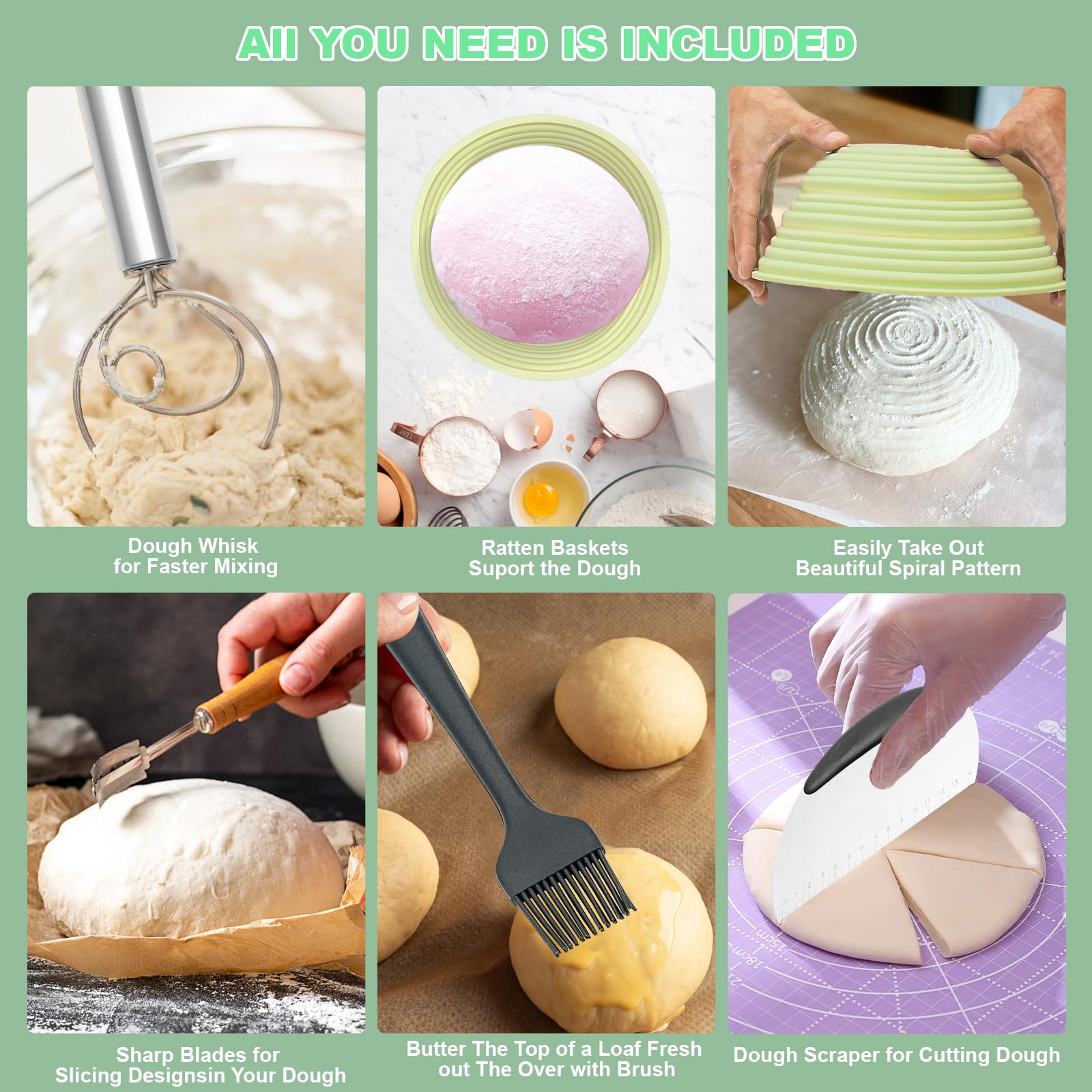 Premium Silicone Banneton Bread Proofing Basket Set - 9