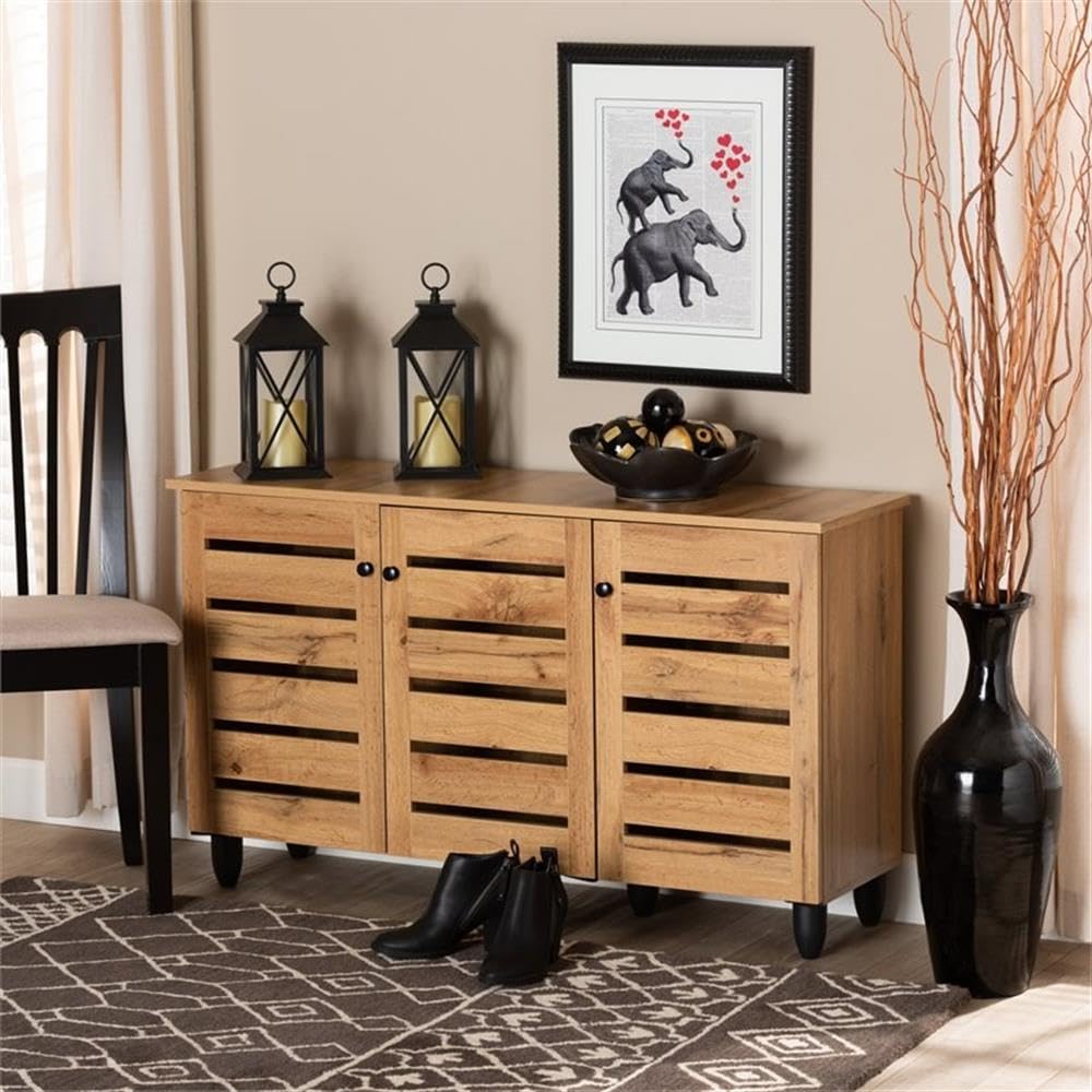 Baxton Studio Gisela Modern 3-Door Shoe Cabinet - Solid Oak Wood Storage Organizer with Brown Finish for Entryway, Closet & Bedroom Organization