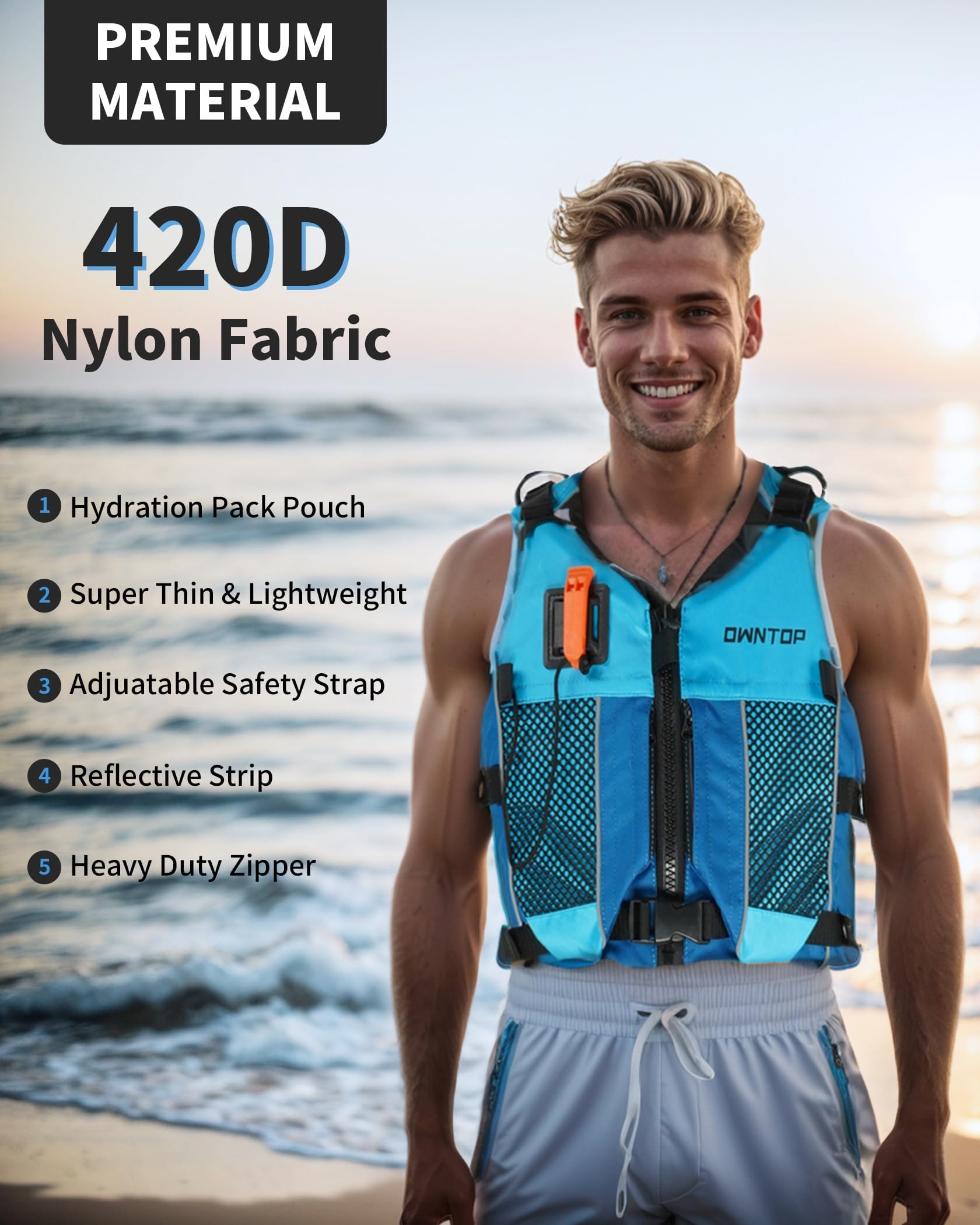 Owntop Swim Jacket for Adults & Youth - Ultra-Thin Hydration Pack with Dual Mesh Pockets & Attached Whistle - Lightweight Design for Maximum Mobility - Perfect for Kayaking, Boating, Fishing, and All Water Sports Activities