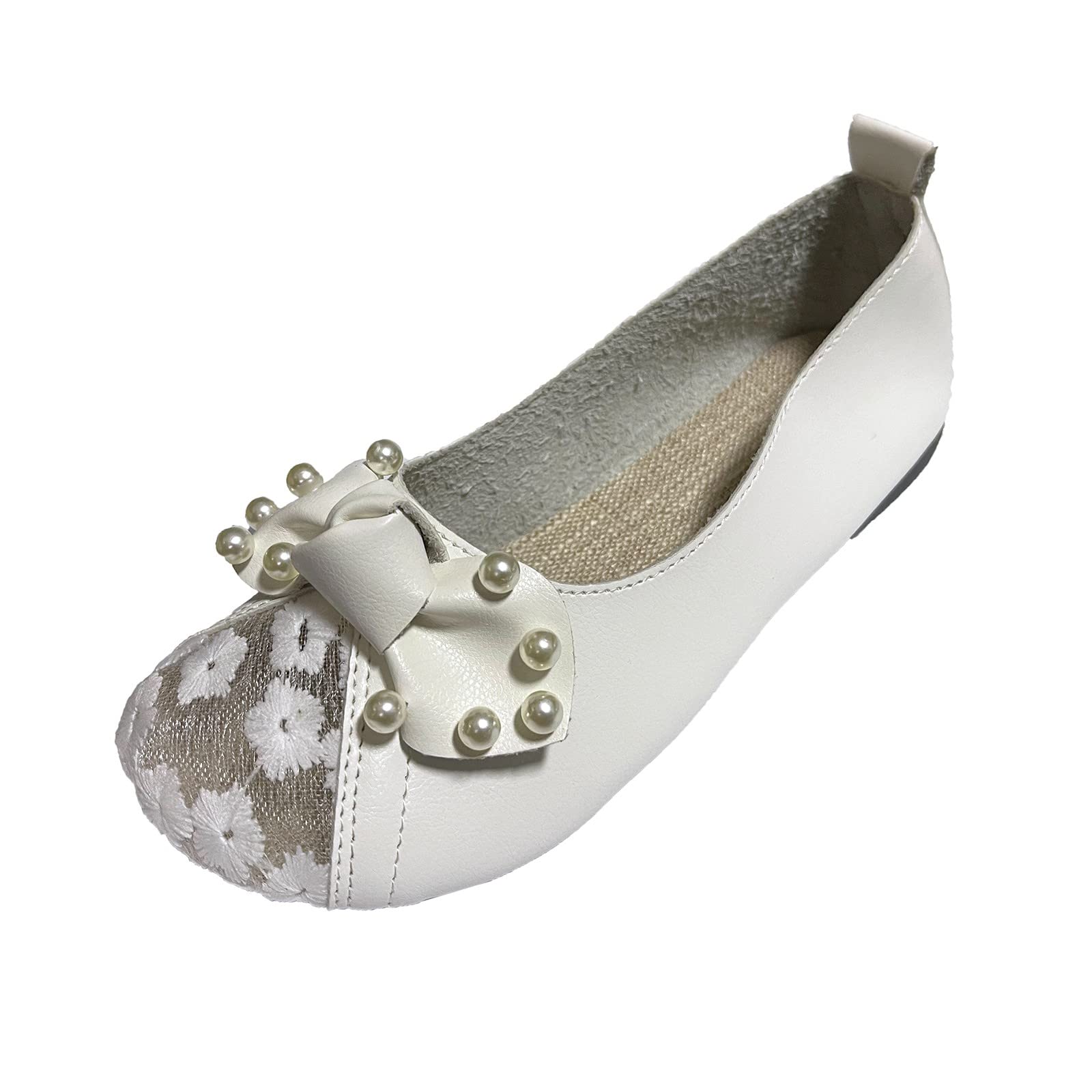 Breathable Round Toe Women's Casual Shoes - Floral Mesh Pearl Embellished Flat Dress Shoes for Business & Everyday Wear (White, Size 7.5) | Perfect for Office, Dating & Summer Outfits