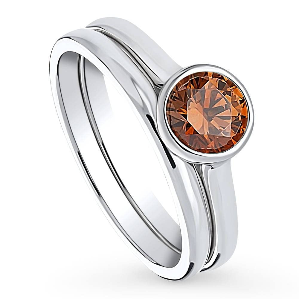 BERRICLE Sterling Silver Solitaire Wedding & Engagement Ring Set - 0.8 Carat Caramel Bezel Set Round Cubic Zirconia CZ for Women, Rhodium Plated Size 4-10 - Perfect for Proposals, Anniversaries & Special Occasions