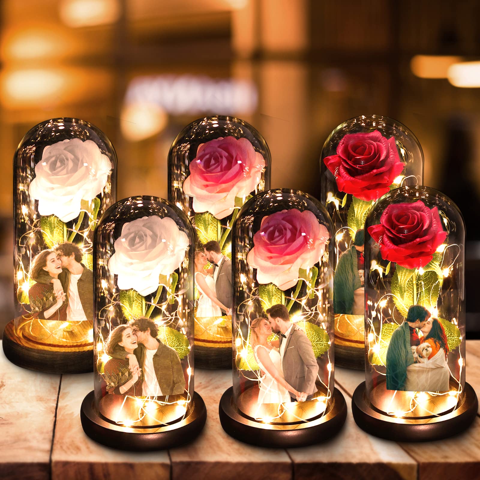 Custom Beauty and The Beast Rose Night Light - Personalized Glass Dome Photo Lamp - Unique Wedding Anniversary Gift & Home Decor for Bedroom, Valentine's Day, Christmas Party