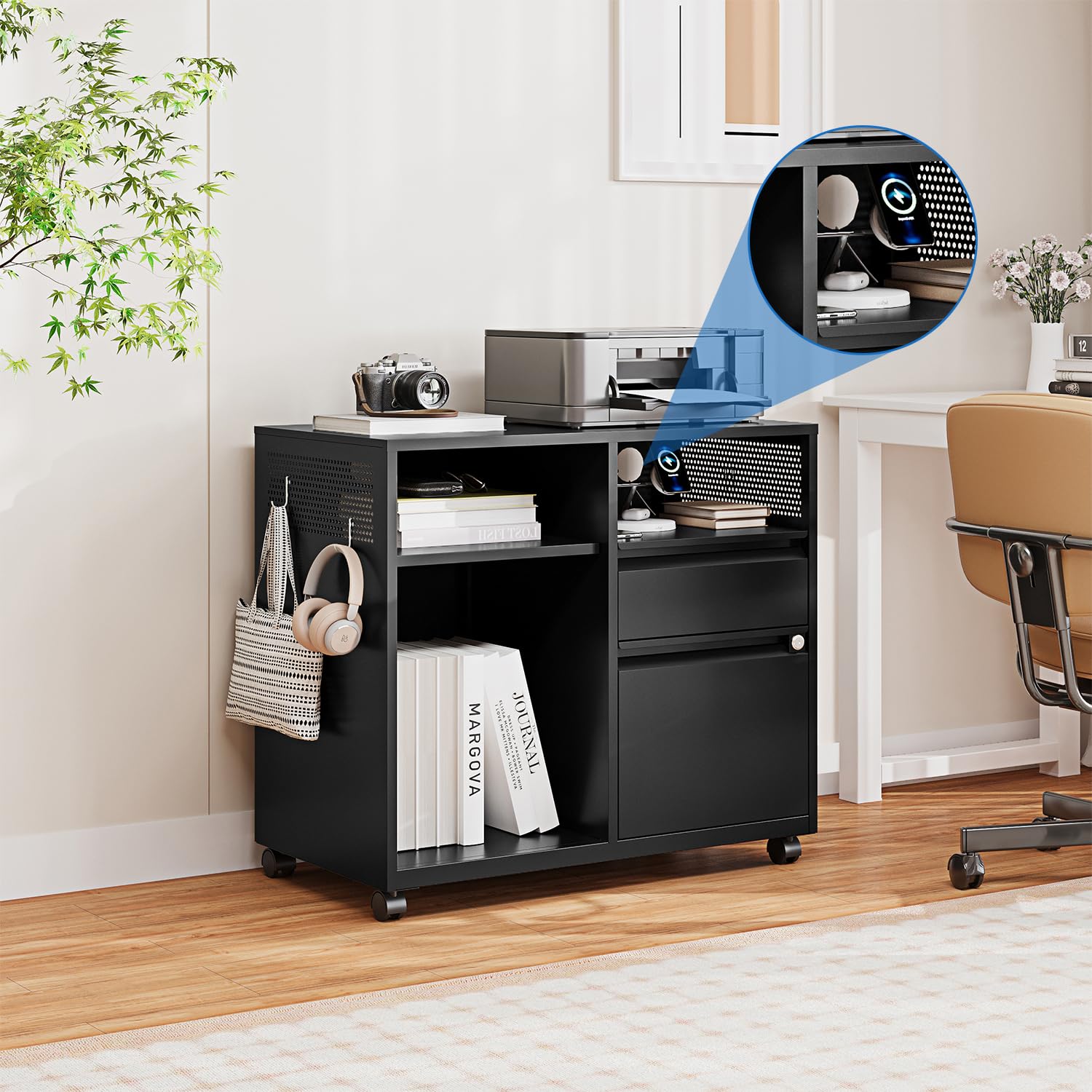 2-Drawer Metal Filing Cabinet with Lock - Lateral Home Office File Organizer, Rolling Printer Stand with Open Shelf for Letter/A4 Size Documents | Perfect for Office Storage & Workspace Organization