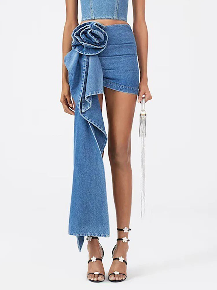 DEAT Fashion Women's High Waist Asymmetric Denim Skirt with 3D Rose Flower - Blue Short Skirt for Summer | Perfect for Casual Outings, Beach Vacations & Date Nights