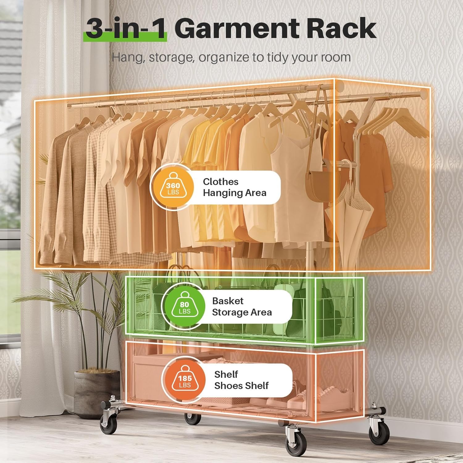 Heavy Duty Commercial Clothing Rack - 625LBS Capacity Adjustable Garment Rack with Metal Basket & Wheels | Double Rod Hanging Clothes Organizer for Bedroom, Living Room, Laundry Room & Retail Store Use