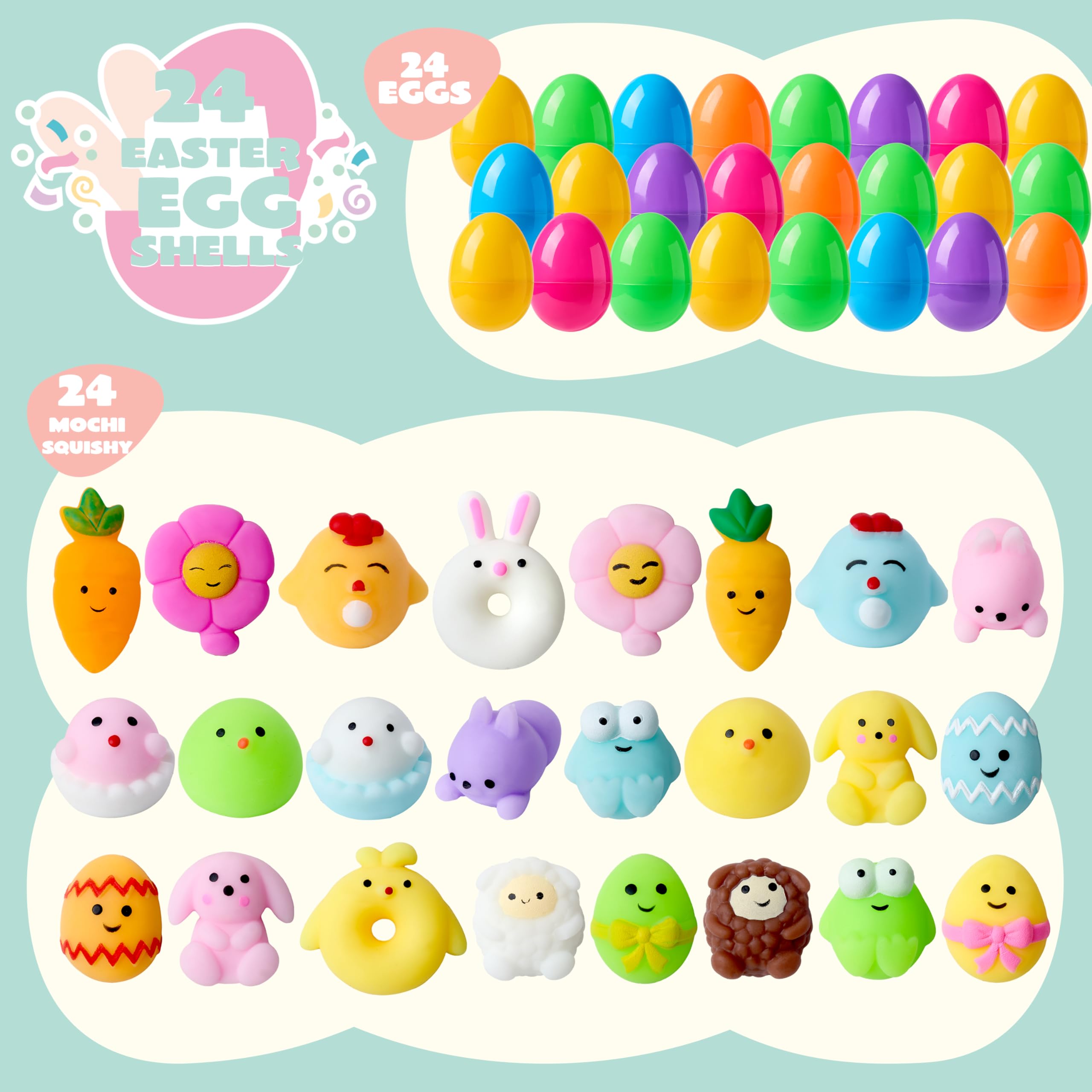 24 Pcs Easter Prefilled Eggs with Mochi Squishy Toys - Cute Stress Relief Toys for Kids, Party Favors, Easter Basket Stuffers & Classroom Prizes - Perfect for Easter Egg Hunts, Birthday Parties & School Rewards
