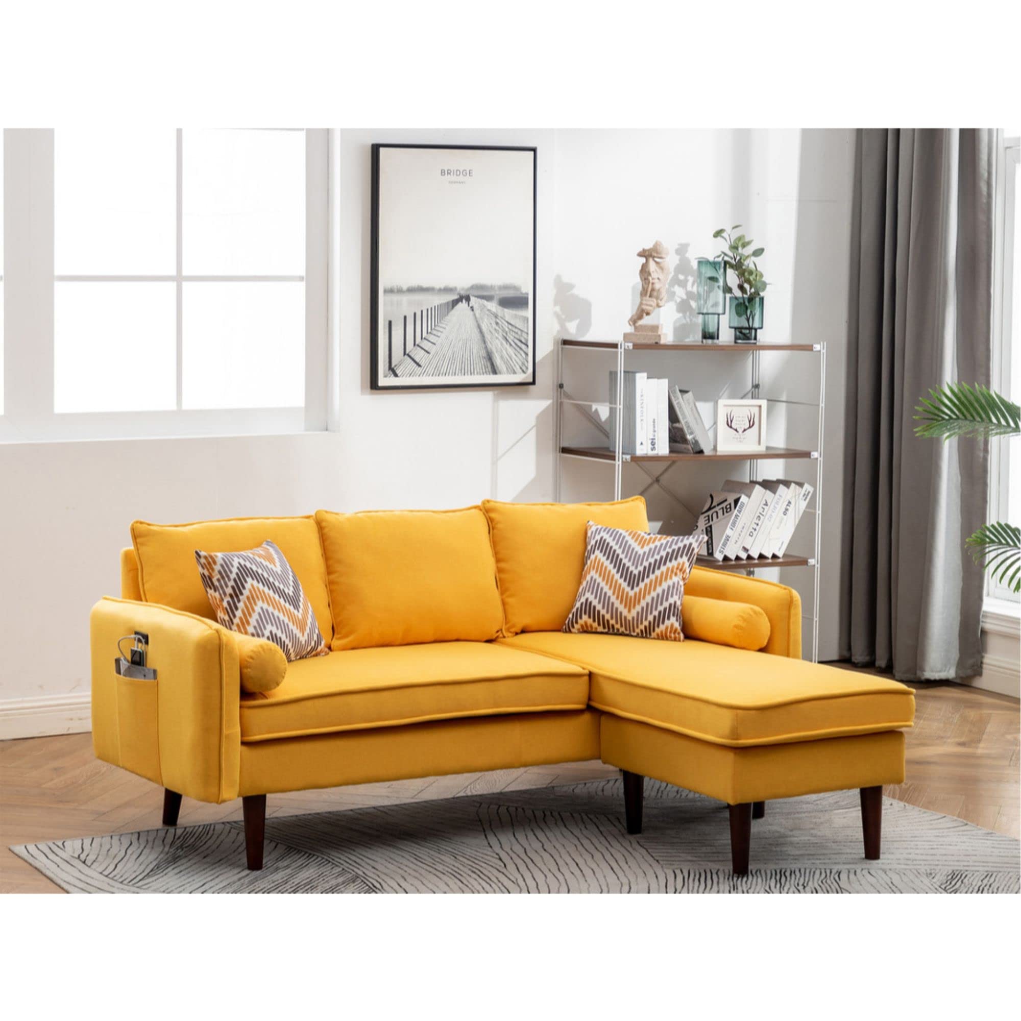 Lilola Home Mia Yellow Sectional Sofa Chaise with USB Charger & Pillows - Modern Living Room Furniture for Small Spaces, Comfortable Couches for Apartments and Family Rooms