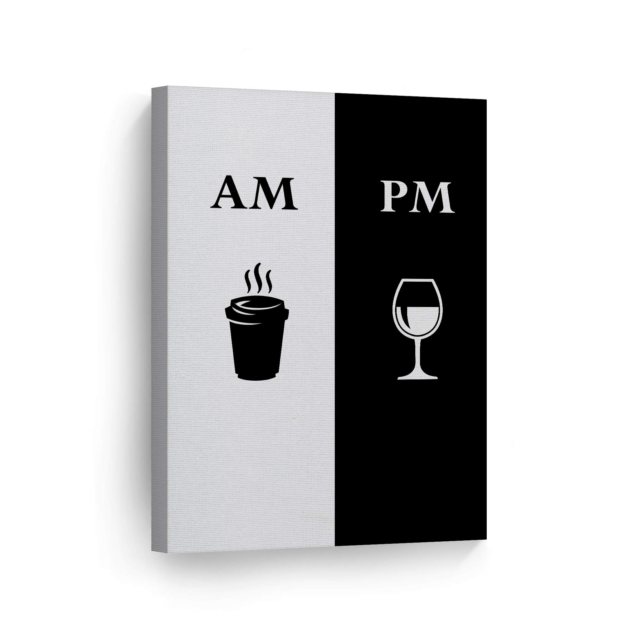 AM & PM Black and White Coffee and Wine Canvas Wall Art Print – Inspirational Kitchen Decor, Farmhouse Style, Perfect for Restaurants, Coffee Shops, Offices & Dining Rooms (40x30 Inches) – Ideal Gift for Coffee Lovers & Home Decor Enthusiasts