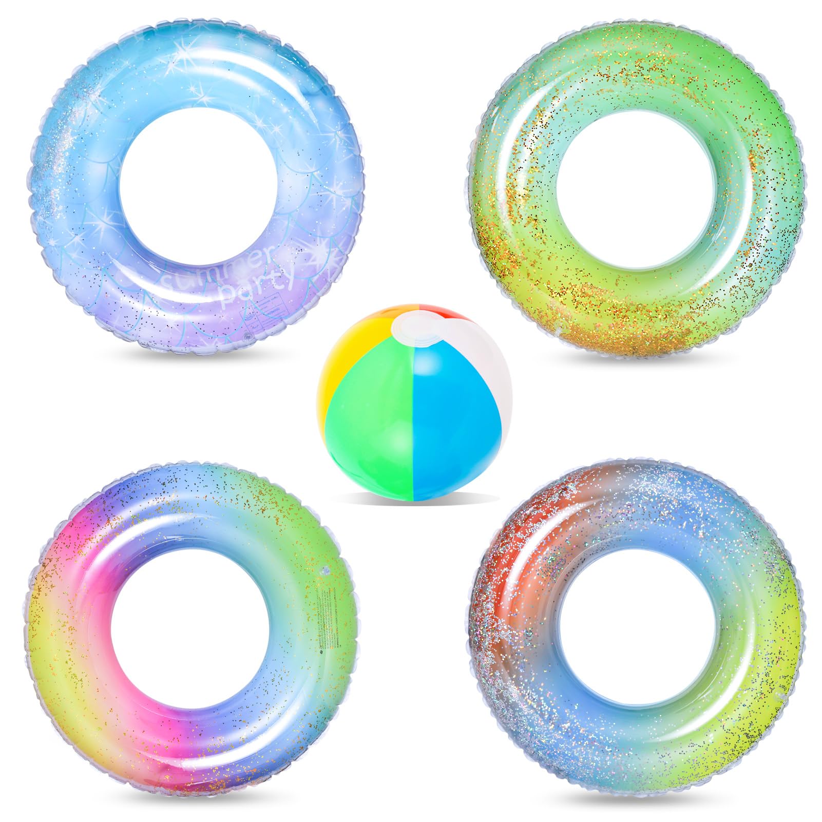 Bennol 4-Pack Inflatable Swimming Rings with Beach Ball - 32.5