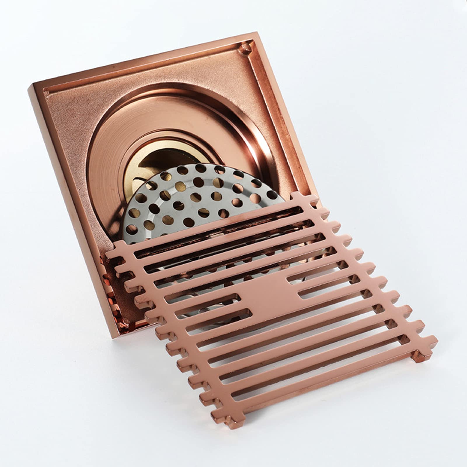 4 Inch Square Rose Gold Shower Drain - Brass Floor Drain with Tile Insert Grate & Deodorant Core - Bathroom Shower Waste Drain for Modern Tile Showers and Wet Rooms
