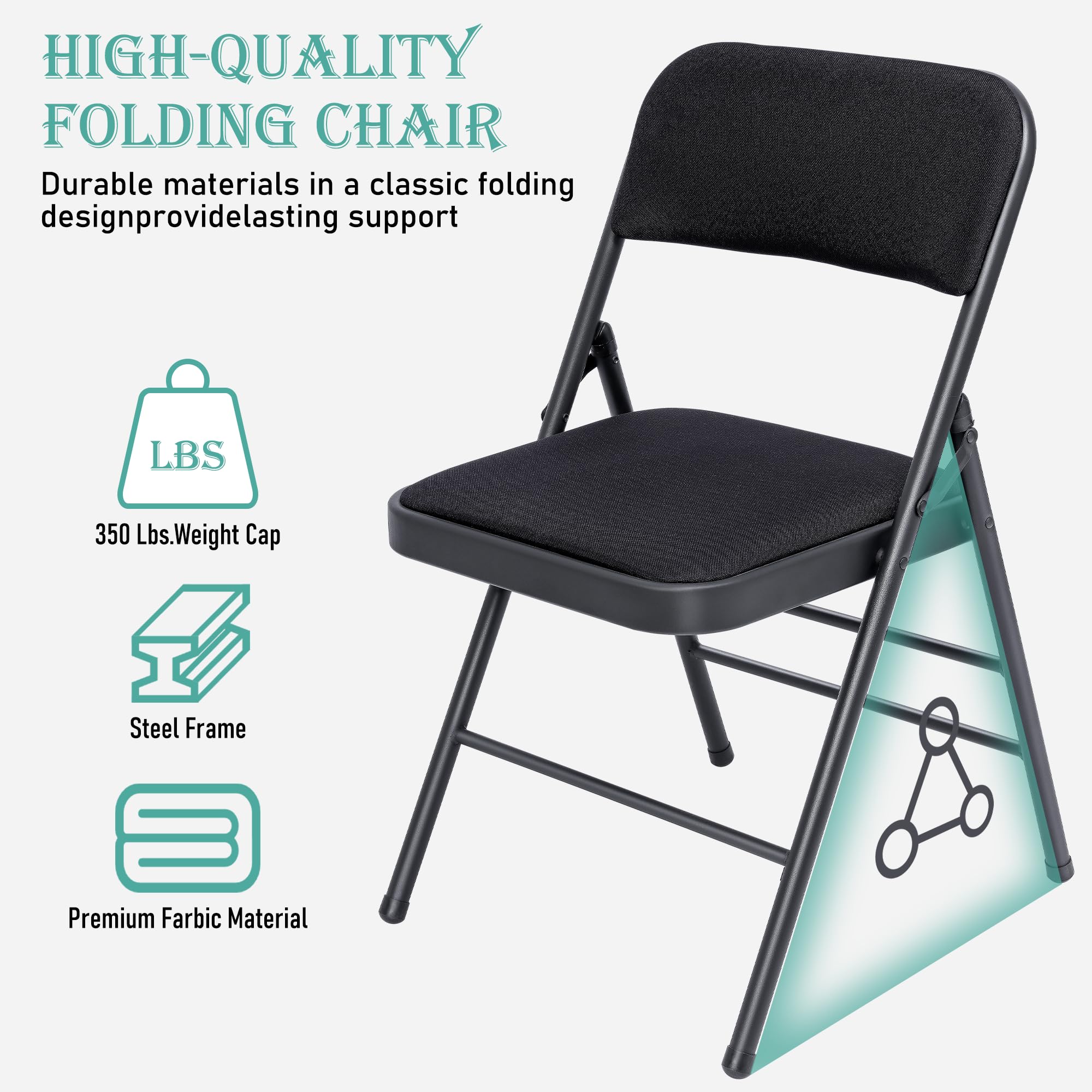 6 Pack Black Folding Chairs with Padded Seat & Back - Stackable Fabric Dining Chairs for Home, Office, Wedding - Portable Commercial Foldable Chairs for Indoor & Outdoor Events - Perfect for Parties, Banquets, Picnics and Camping