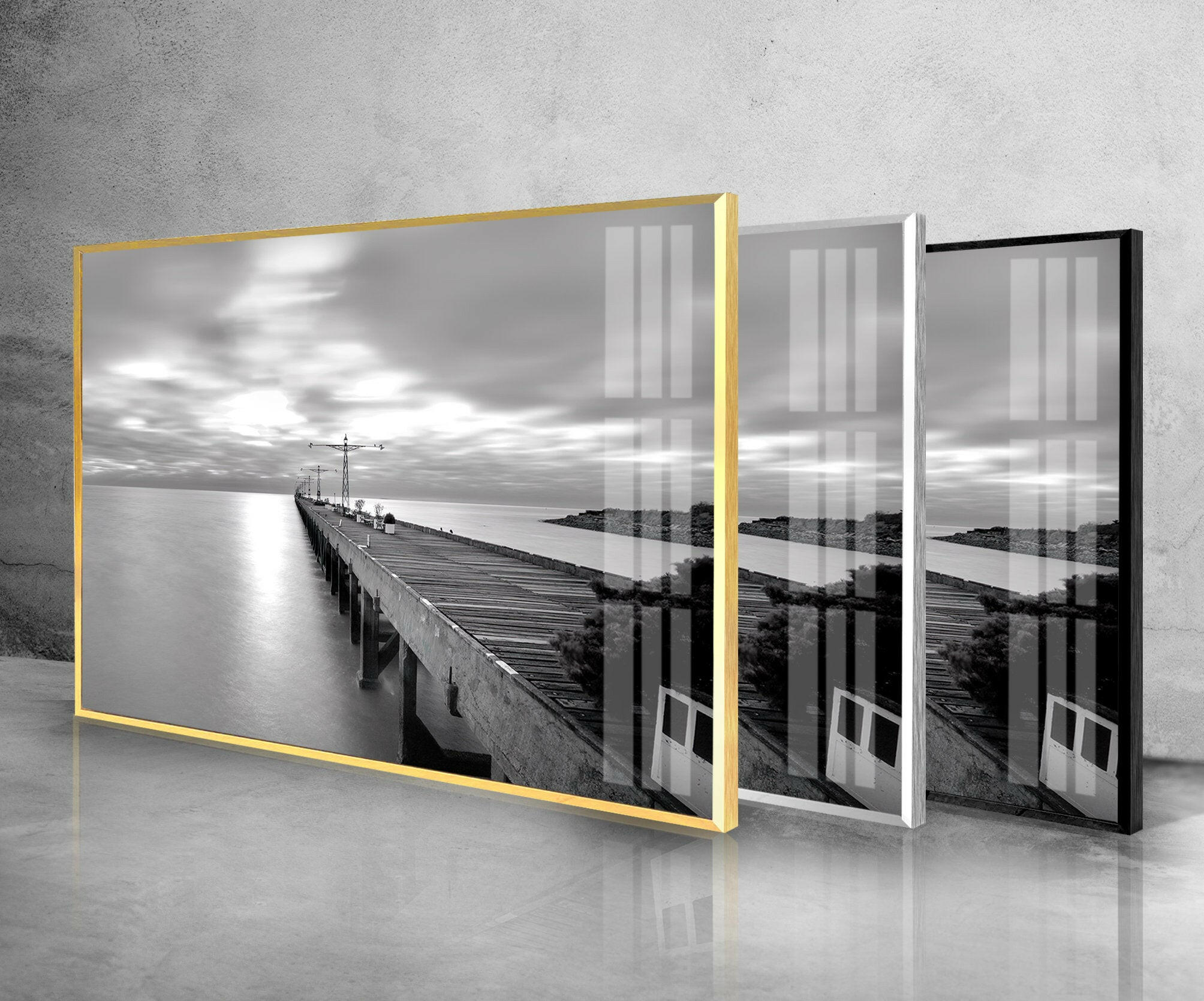 Black and White Dock Glass Wall Art - Modern Coastal Decor for Living Room, Bedroom, or Office - Perfect Home & Office Decoration
