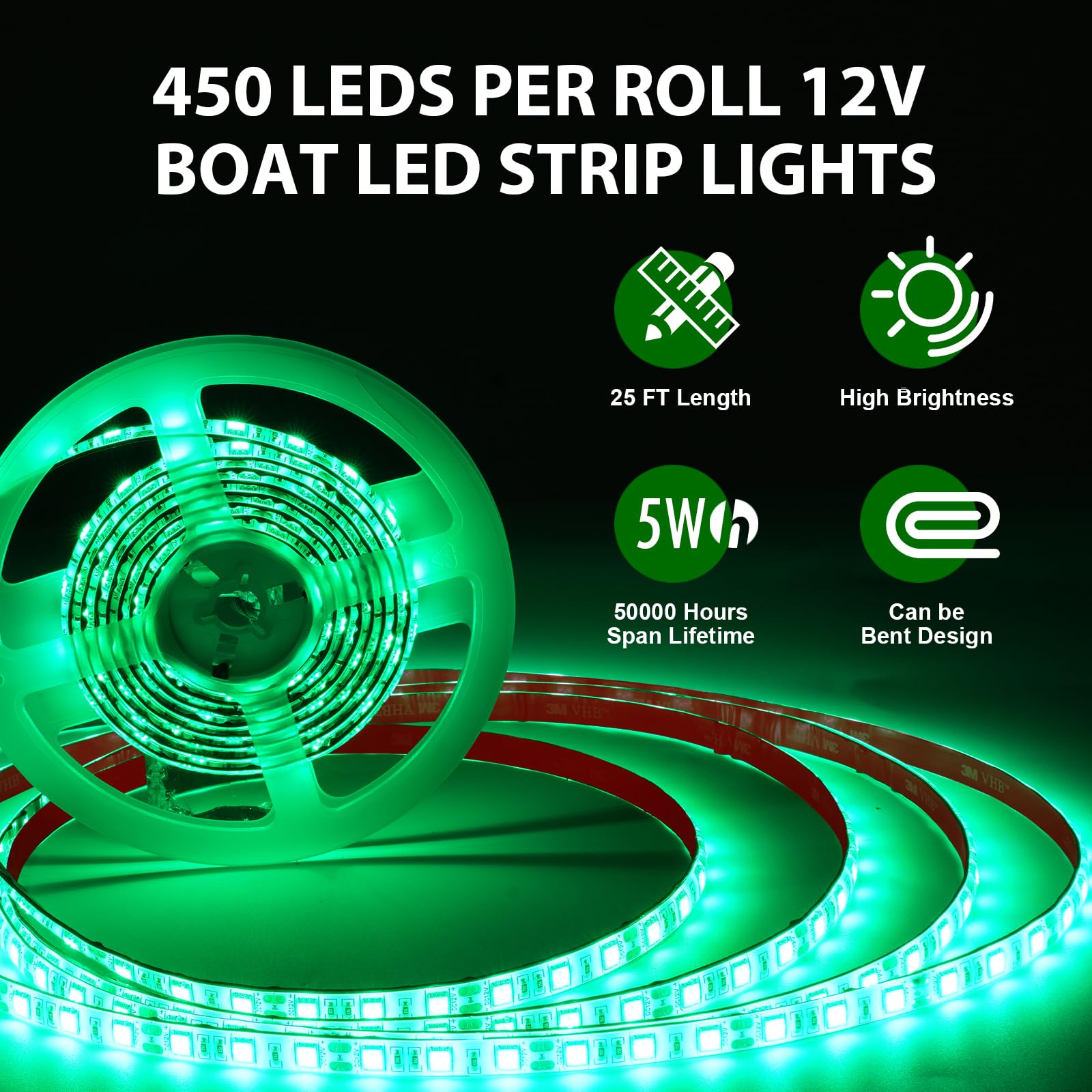 25ft Marine LED Strip Lights 12V Waterproof - Green Boat Lights for Night Fishing, Deck & Interior Lighting for Pontoon, Kayak, Jon Boats, Bass Boat - Perfect for Nighttime Fishing & Boat Parties
