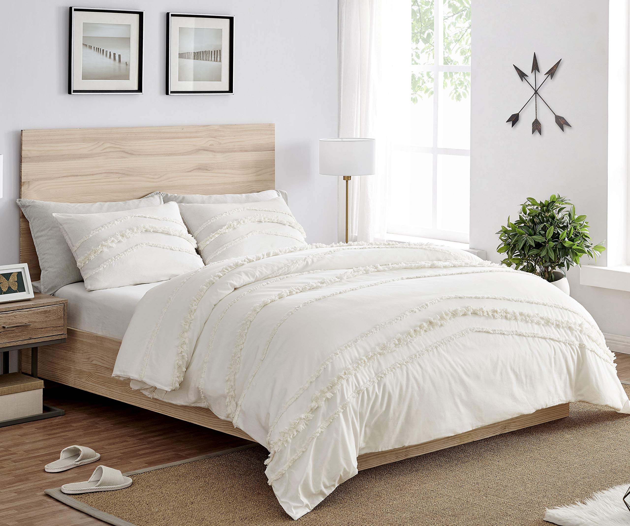 Bohemian Boho Chic Ivory Macrame Tufted Tassel Twin/Twin XL Duvet Cover Set - 2 Piece Cream Cotton Farmhouse Bedding with Fringe Details | Perfect for Teen Dorm, Indie Bedroom & Minimalist Home Decor