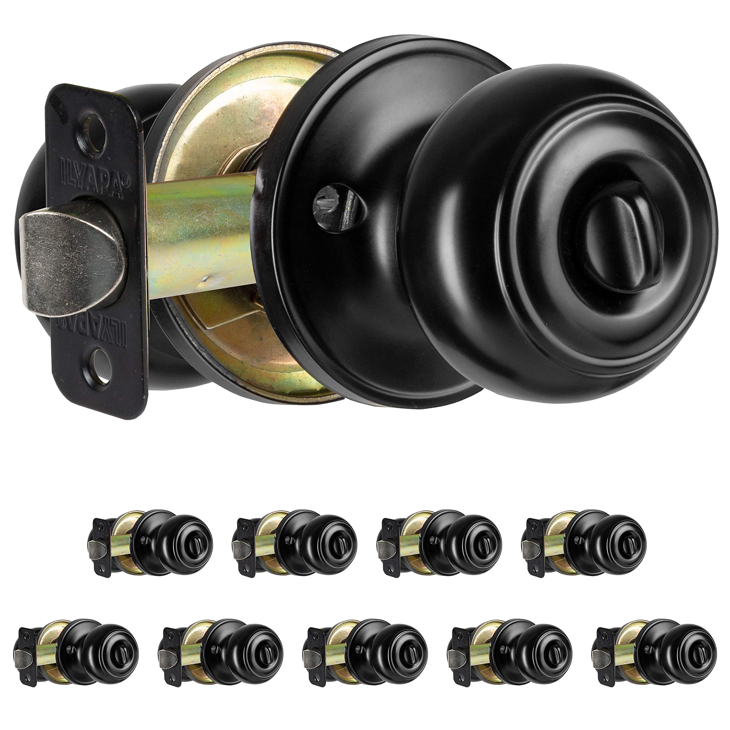 Matte Black Door Knobs 10-Pack - Keyless Privacy Lock for Bedroom & Bathroom