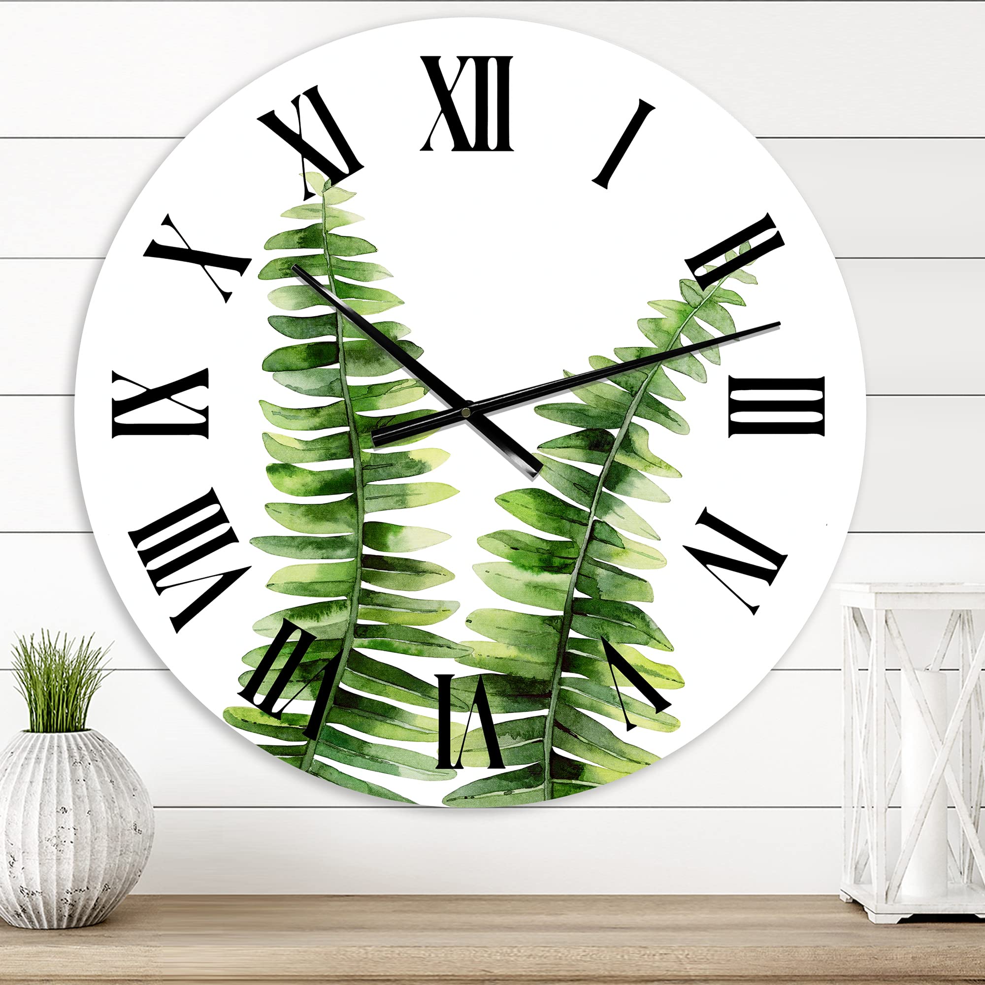 DesignQ Tropical Wall Clock 'Fern Plant in Green Botanical Detail' - Large Floral & Botanical Wall Clock for Home, Office, Kitchen Decor | Perfect for Living Room, Bedroom & Indoor Spaces