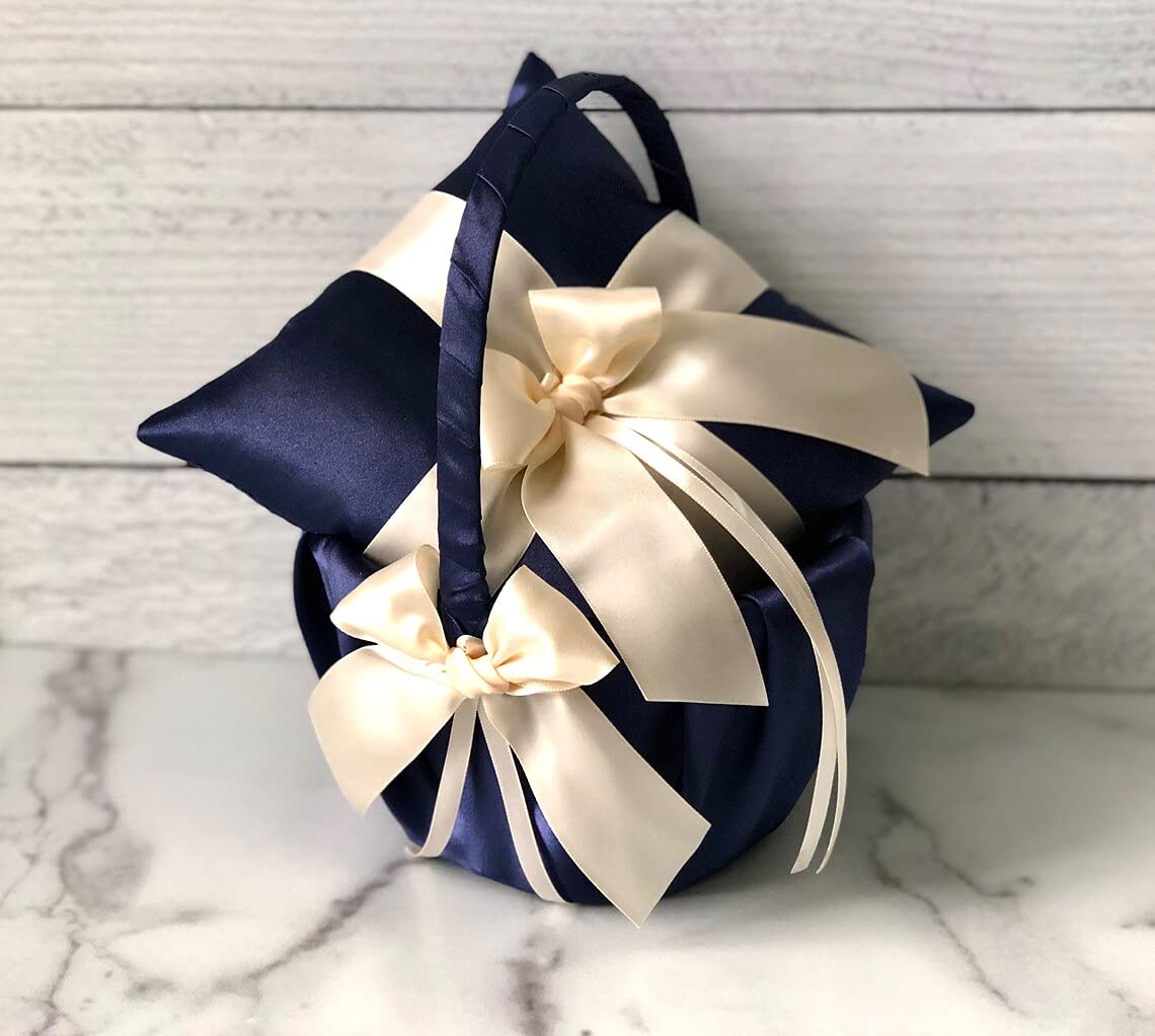 Ivory Navy Flower Girl Basket and Ring Bearer Pillow Set - Wedding Ring Holder Pillow with Navy Basket (2 Pillows + 1 Basket) - Perfect for Wedding Ceremonies, Bridal Showers, and Photo Shoots