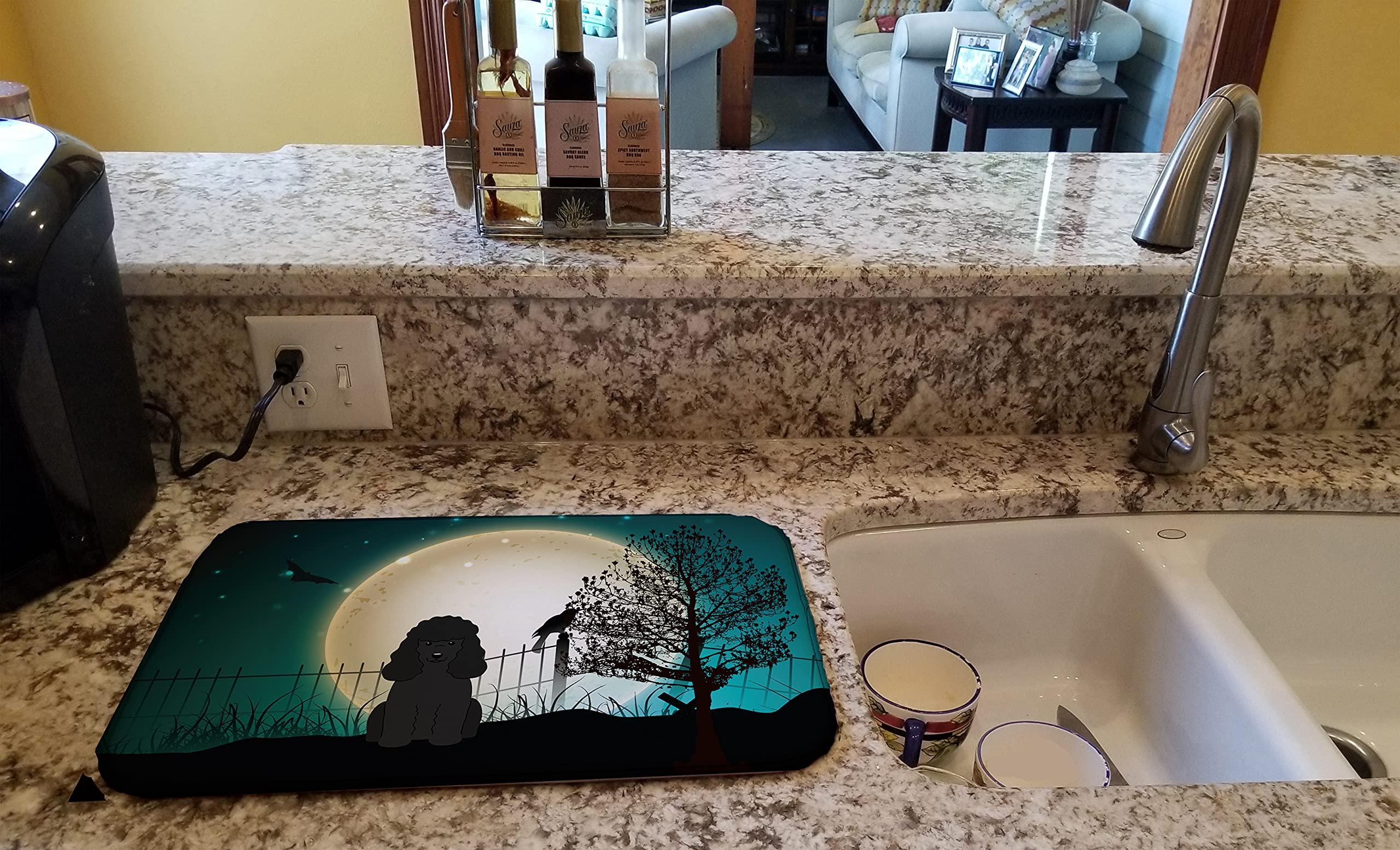 Scary Poodle Dish Drying Mat - Absorbent Kitchen Counter Pad for Halloween Decor