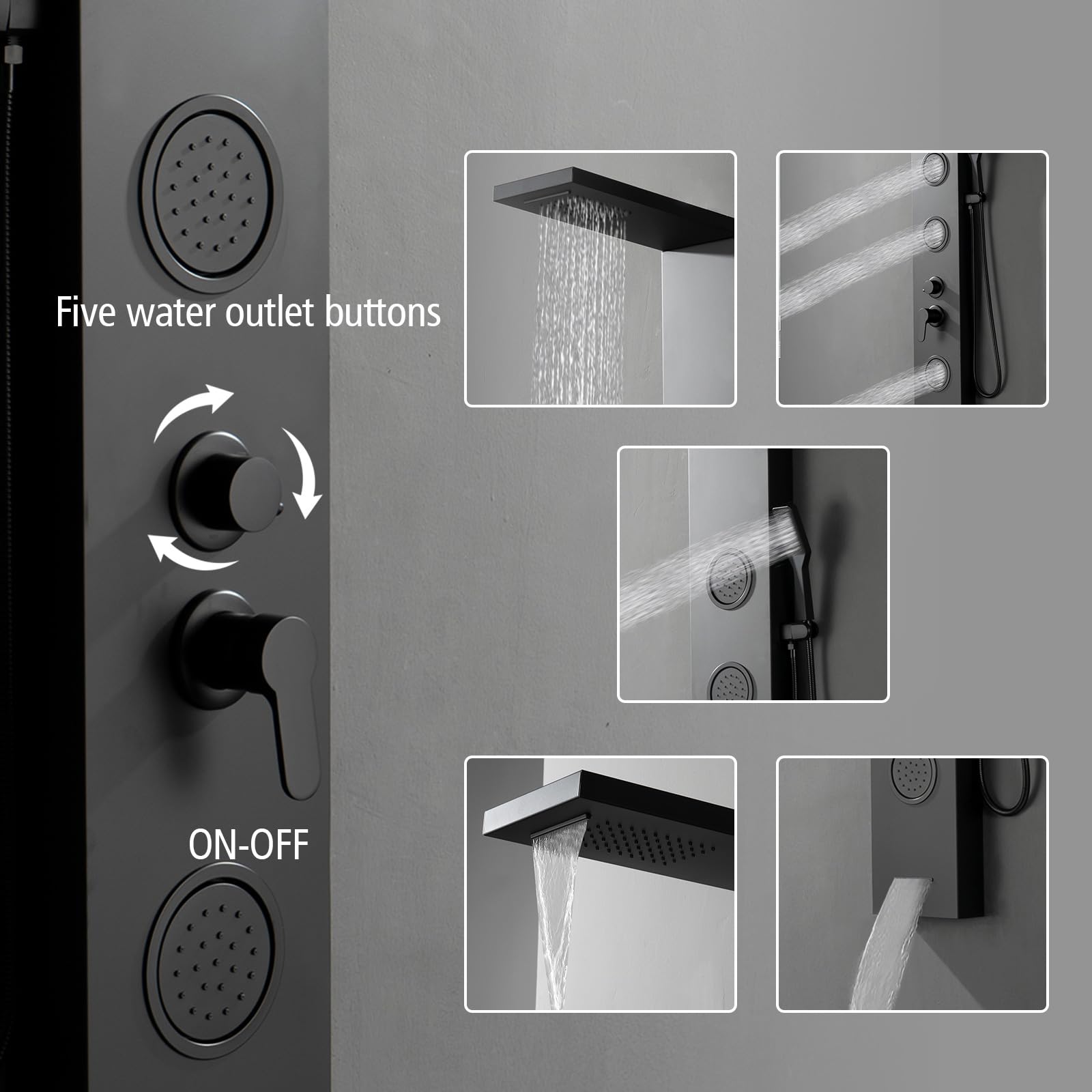 BWE 5-in-1 Stainless Steel Shower Panel System - Black Tower with Rainfall Shower Head, Waterfall Spray, Body Jets & Bathtub Spout | Luxury Bathroom Upgrade for Spa-Like Experience