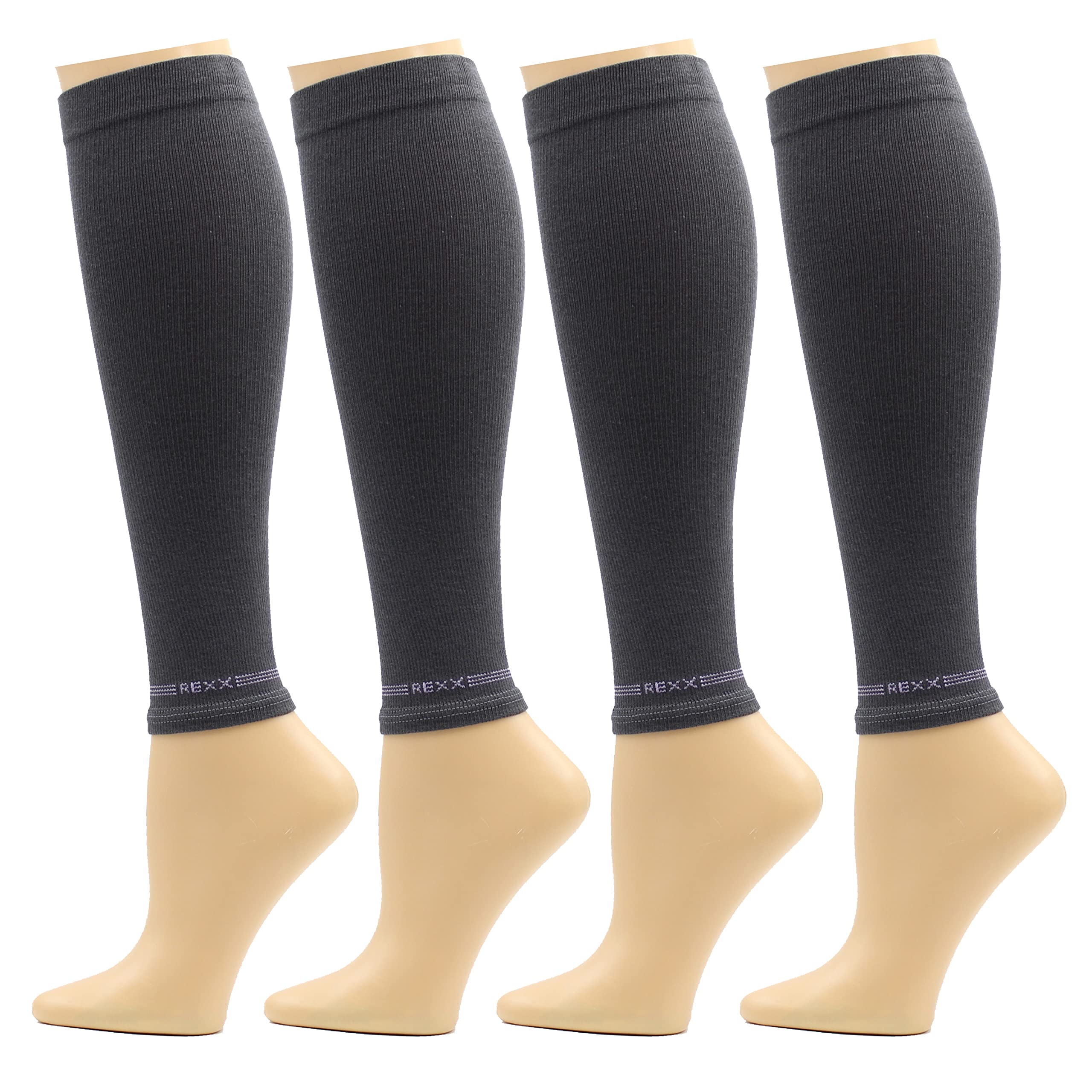 REXX 4 Pairs Calf Compression Sleeves for Men & Women - Breathable Cotton Blend Leg Support Sleeves for Running, Cycling & Sports Recovery (Black/Gray)