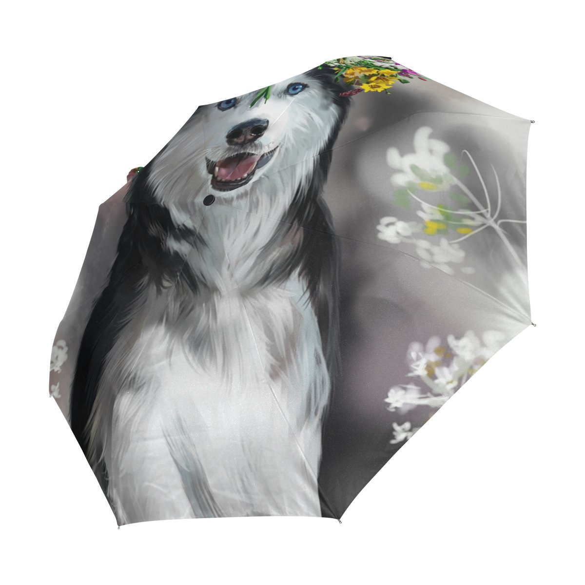 Premium Husky Watercolor Print Anti-UV Auto Open/Close Umbrella - Sun Protection for Outdoor Activities, Beach, Travel & Daily Commute