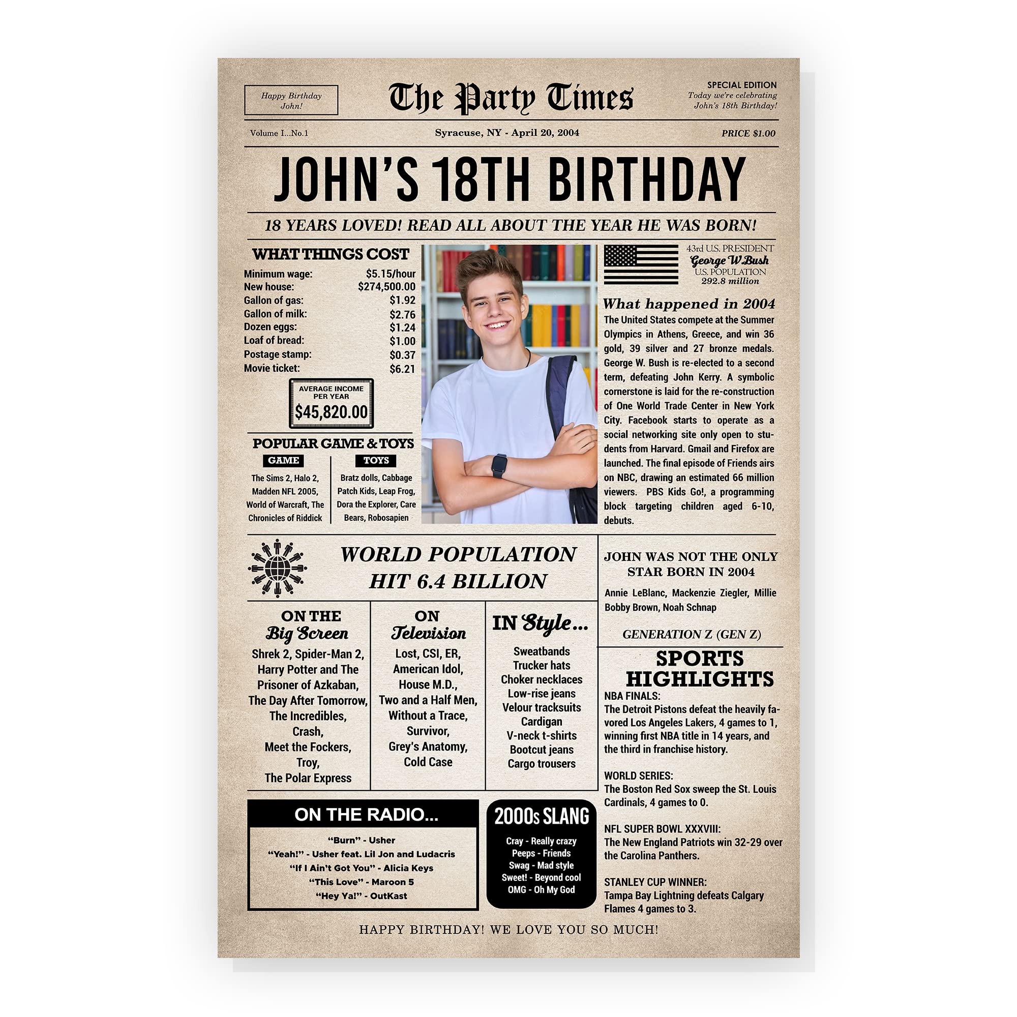 Personalized 18th Birthday Newspaper Poster - Custom 2004 Retro Birthday Gift for Boys & Girls - Unique 18th Birthday Party Decorations - Perfect for Milestone Celebrations & Photo Backdrops