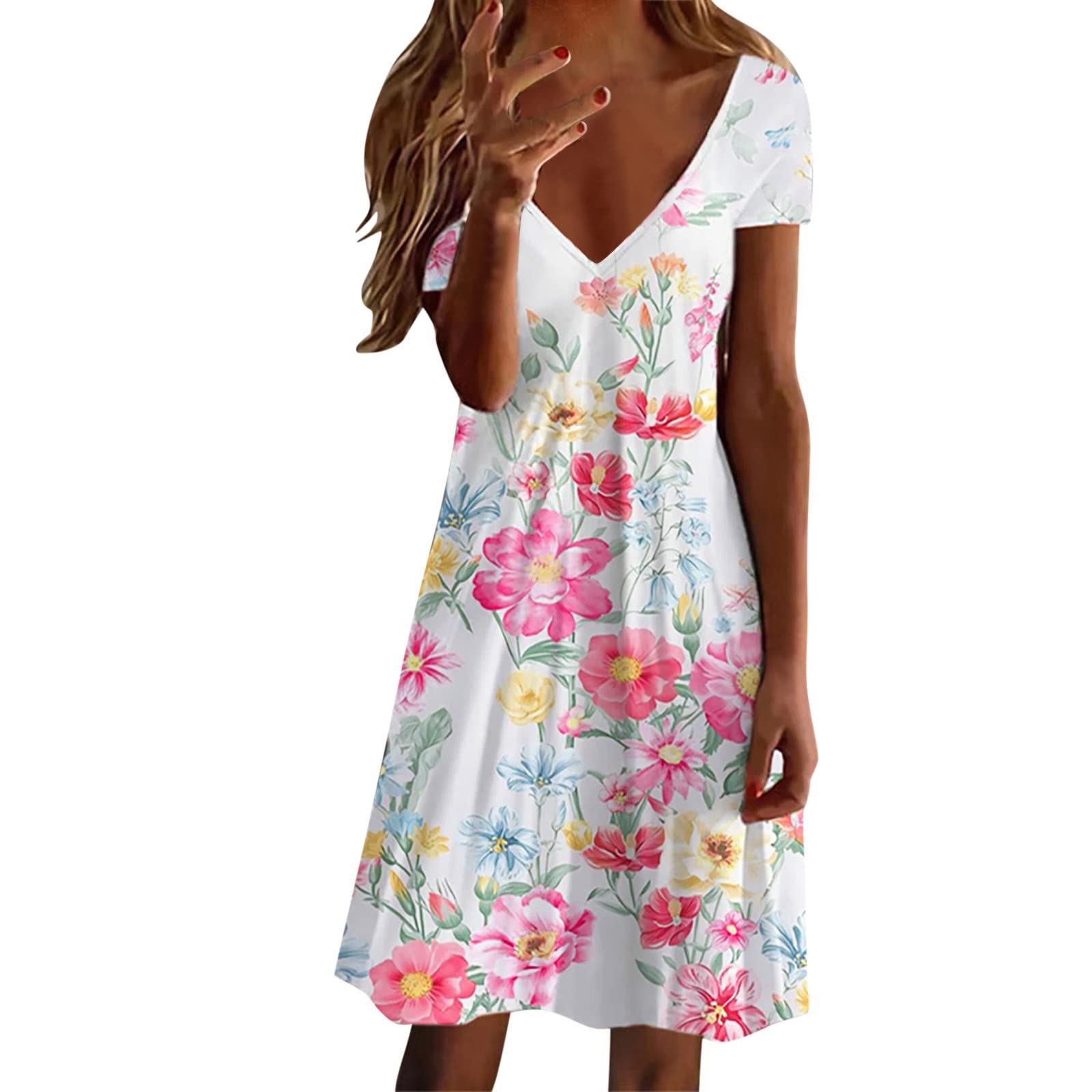 Women's Plus Size Summer Dress - Floral Printed V-Neck Short Sleeve Casual Dress for Beach, Vacation & Outdoor Activities | S Size