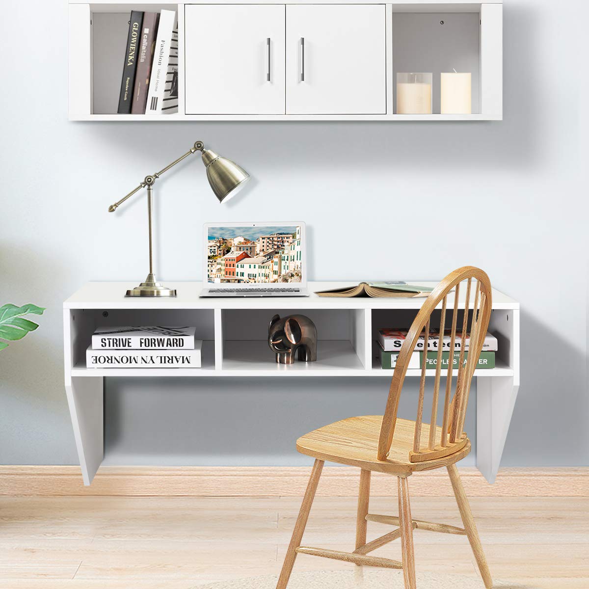 Giantex Wall Mounted Storage Cabinet with Floating Computer Desk & Shelves - Space Saving Furniture for Living Room, Bedroom, Office, TV Media Console - Perfect for Small Spaces & Home Organization