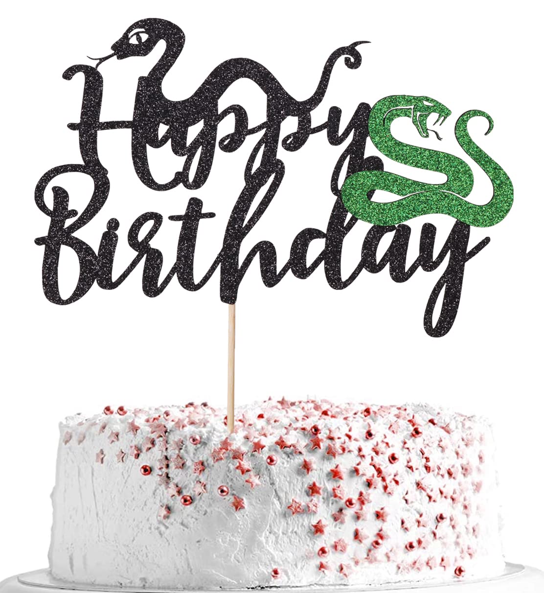 Black Glitter Snake Cake Topper - Snake Theme Happy Birthday Cake Decoration - Animal Theme Party Supplies for Birthday, Baby Shower & Halloween Celebrations