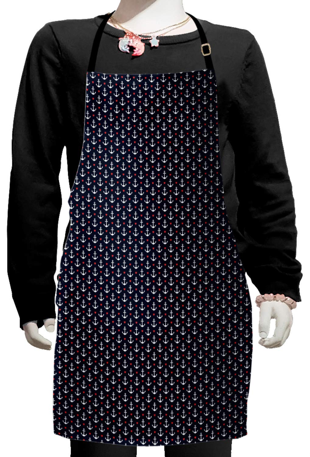 Ambesonne Anchor Apron - Small White Anchors & Red Hearts Design, Adjustable Ties for Baking, Painting, Cooking - Perfect for Kitchen, BBQ, Crafts & Romantic Getaways - Black White Red Small Size