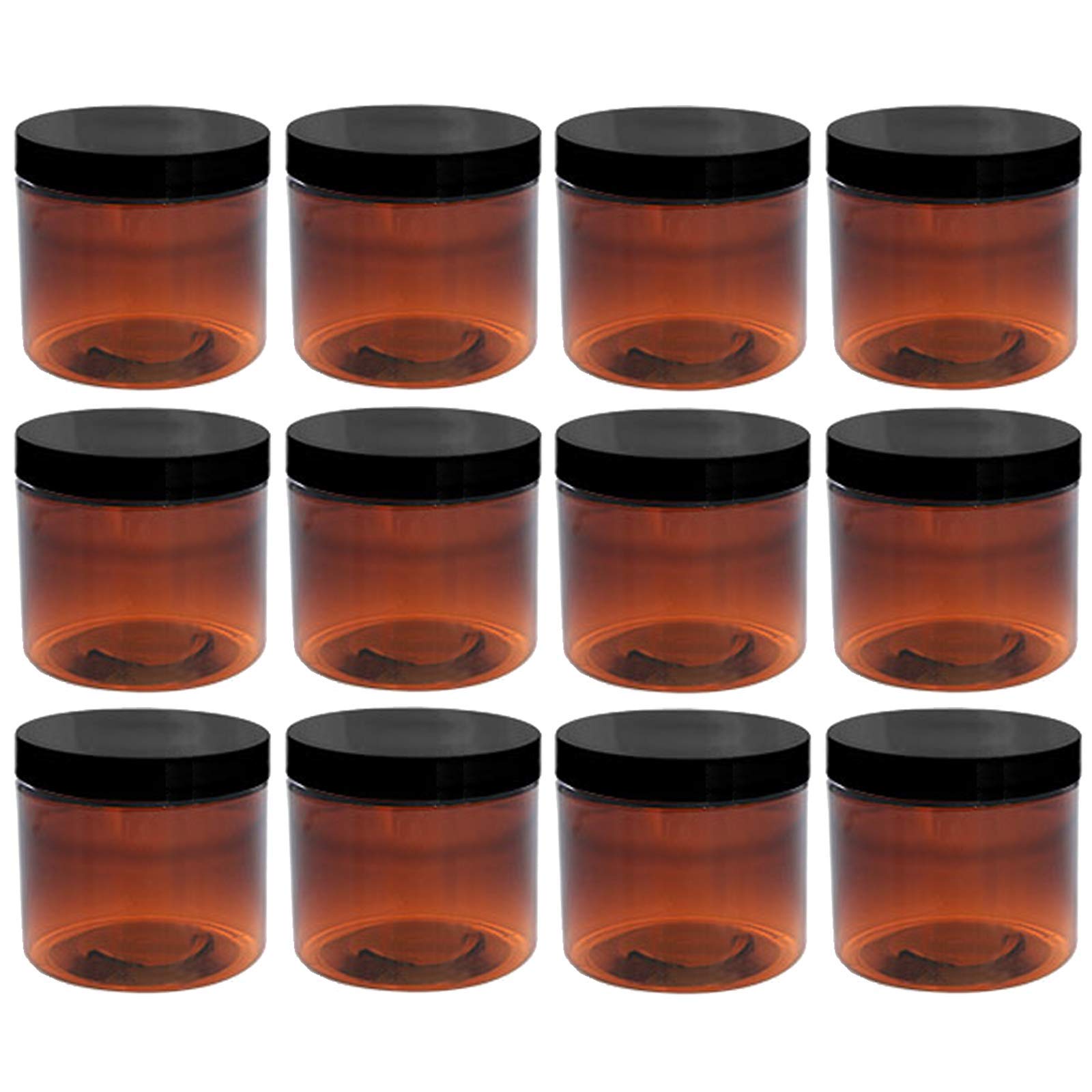 8oz Amber Plastic Jars with Blank Labels - BPA Free PET Plastic Containers (12 Pack) for DIY Crafts, Homemade Beauty Products & Essential Oil Storage