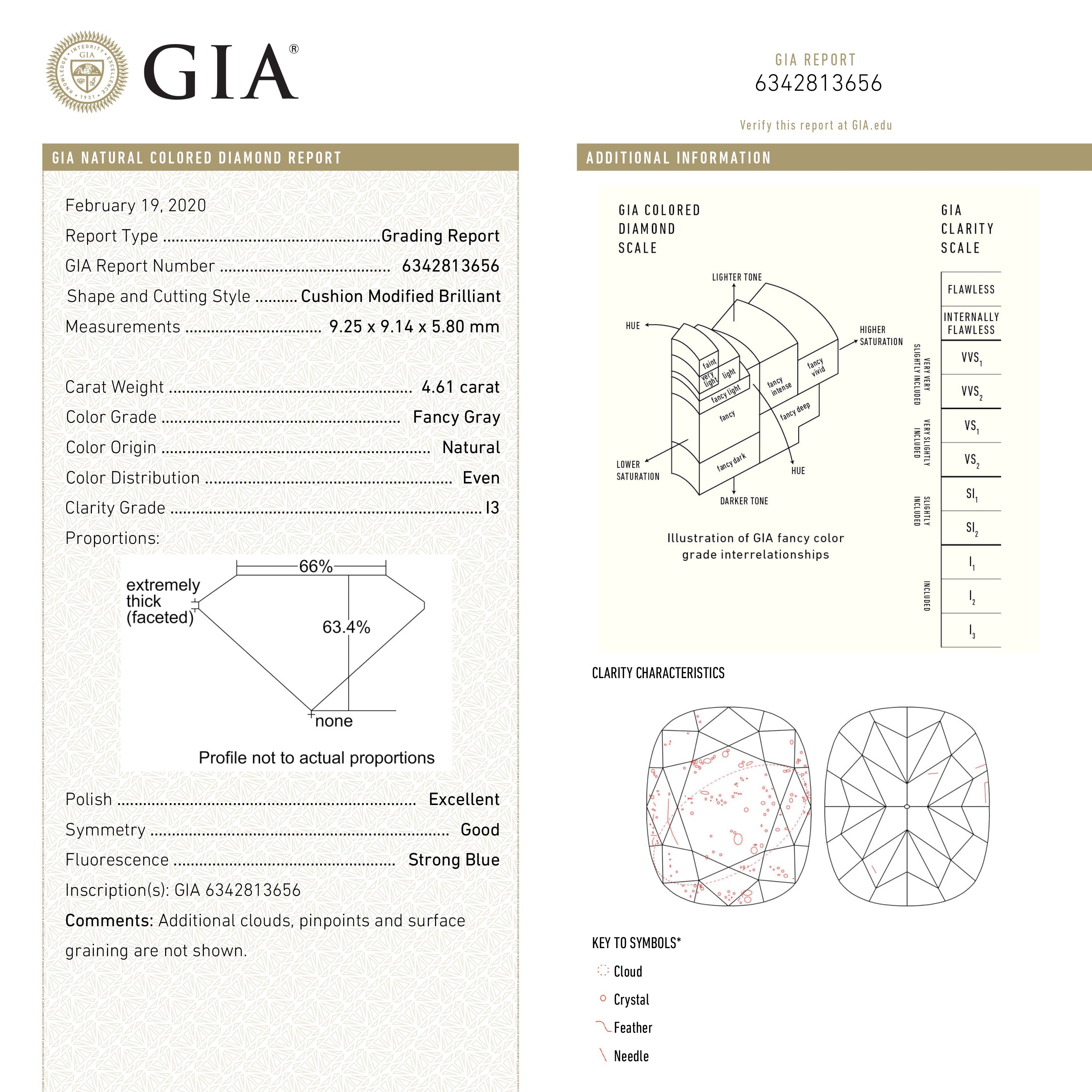 4.61ct GIA Certified I3 Fancy Grey Cushion Brilliant Cut Diamond - 9.25x9.14x5.80mm (GIA Report 18859) - Perfect for Engagement Rings & Luxury Jewelry
