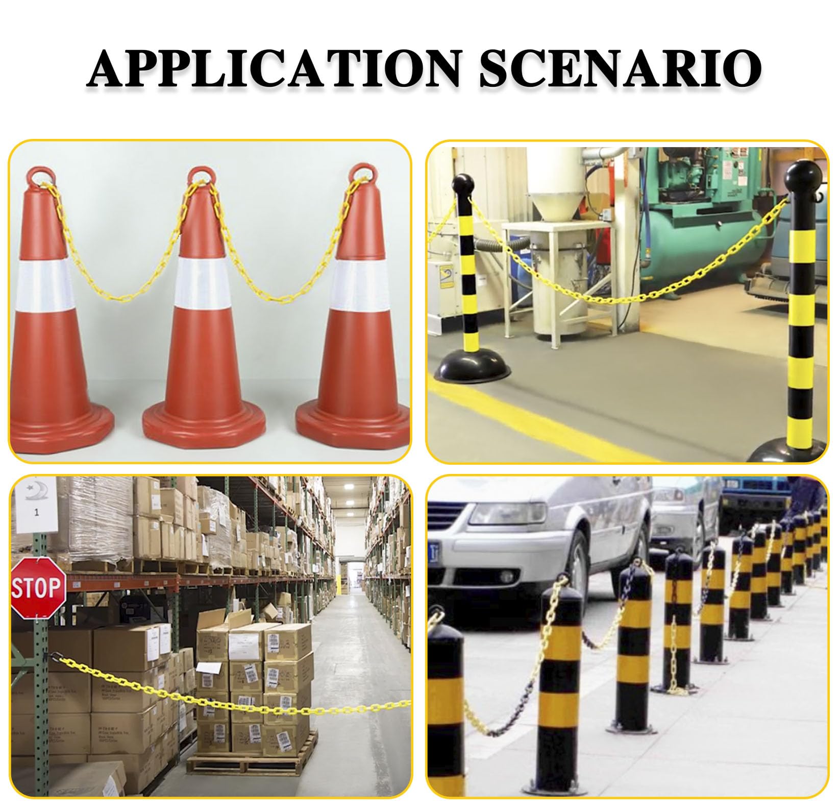 Bright Yellow Plastic Safety Barrier Chain - 1.5-Inch Link Diameter, 100-Foot Length for Crowd Control, Queue Management & Parking Safety | Ideal for Events, Retail Stores, Construction Sites & Public Areas