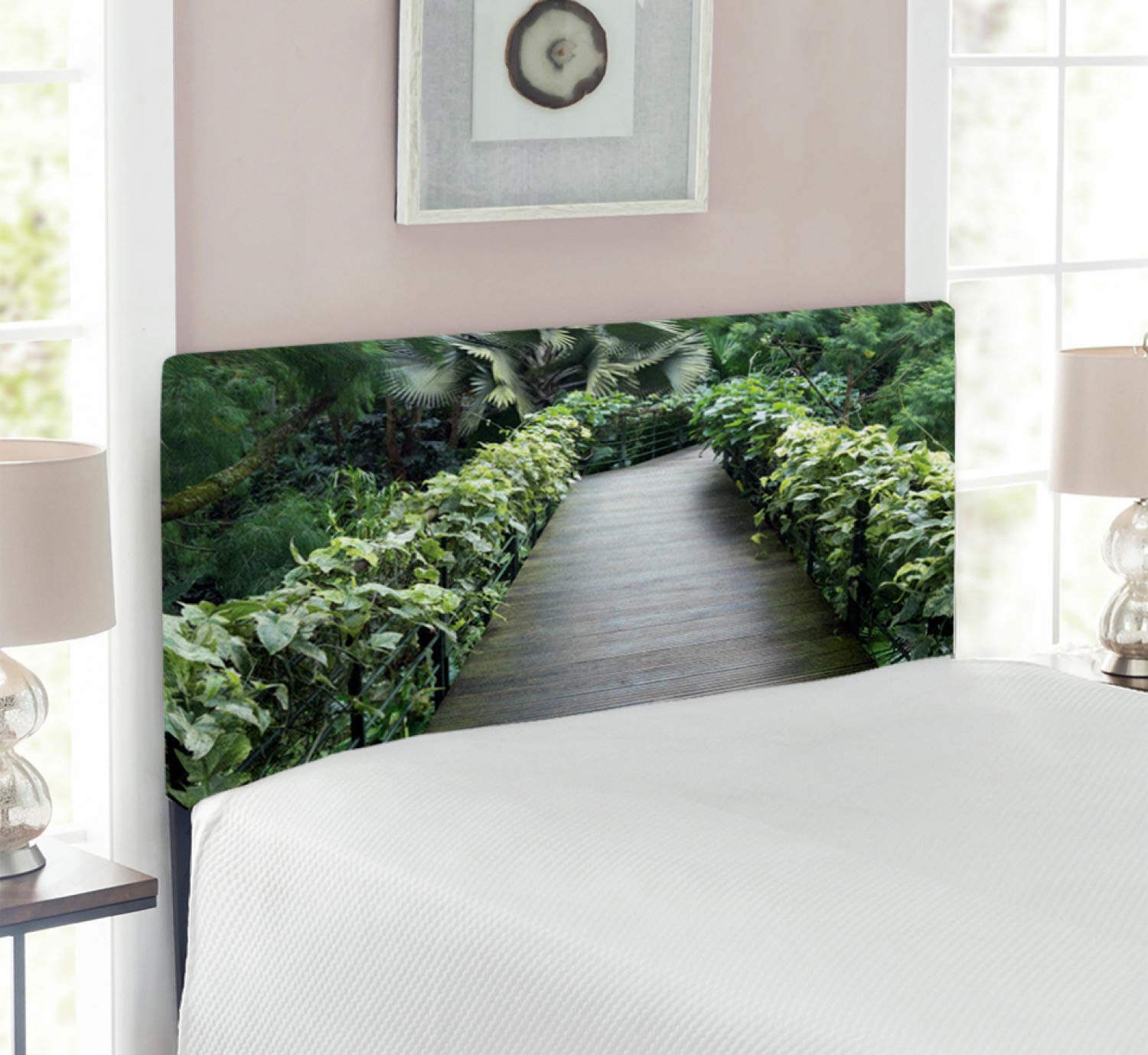 Ambesonne Asian Headboard - Scenic Wooden Pathway in Singapore Botanical Garden Rainforest Tropical Design, Upholstered Decorative Metal Bed Frame with Memory Foam, Twin Size, Green Brown Fern Color - Perfect for Bedroom Decor, Guest Room, and Tropical Theme Interior Design