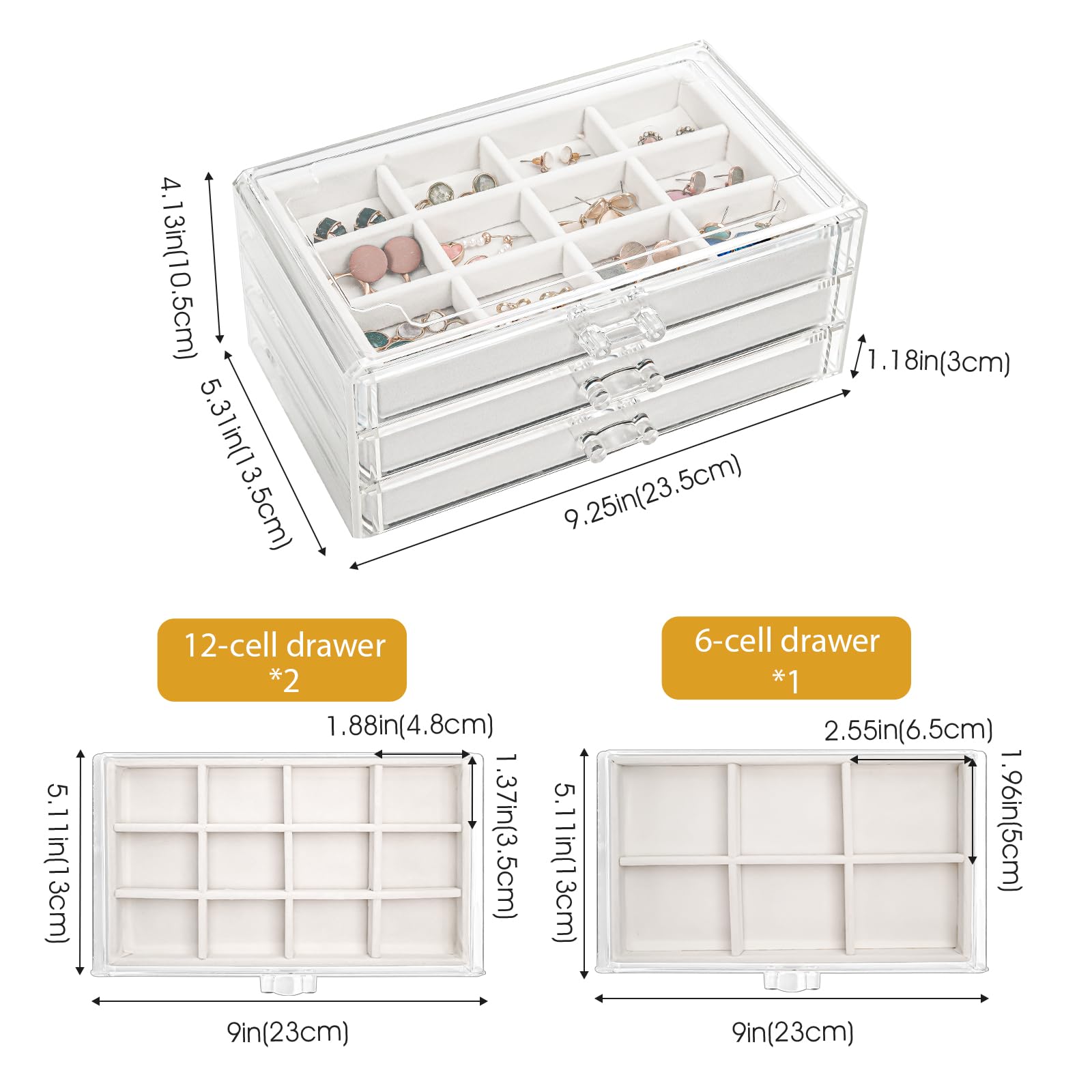 ProCase Acrylic 3-Drawer Jewelry Box with Adjustable Velvet Trays - Clear Earring Holder Organizer for Women, Warm White | Perfect for Bedroom Vanity, Travel & Gift Giving