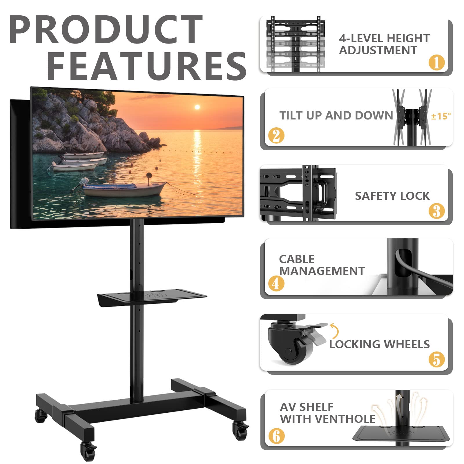 TVON Mobile Dual TV Stand for 32-65 Inch Plasma LCD LED Smart Flat Panel Curved TVs - Heavy Duty Rolling TV Cart with Wheels & Tilt Mount Floor Stand (Holds up to 132 lbs) - Perfect for Living Room, Bedroom, or Office Entertainment Setup