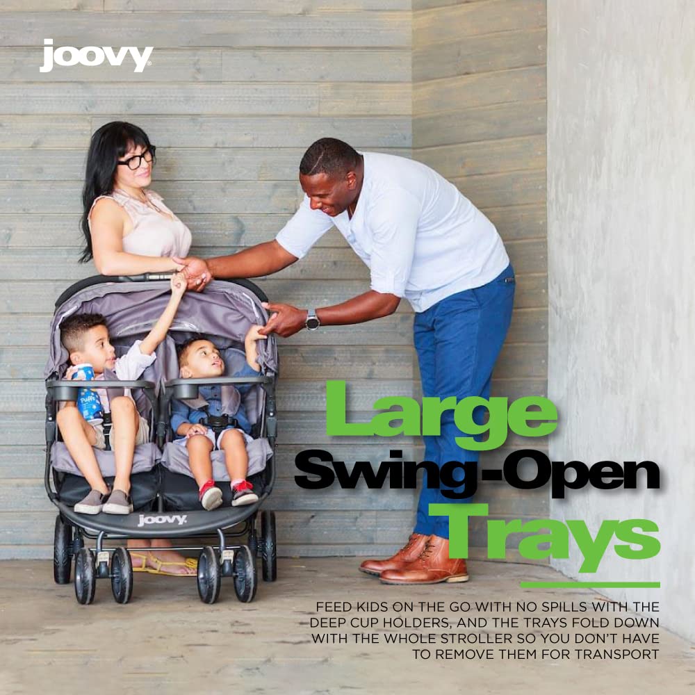 Joovy Scooter X2 Double Stroller - Side by Side Seats, One-Hand Fold, Adjustable Reclining Seats & Leg Rests, Dual Snack Trays, Storage Basket | Perfect for Twins, Siblings & Outdoor Adventures (Charcoal)