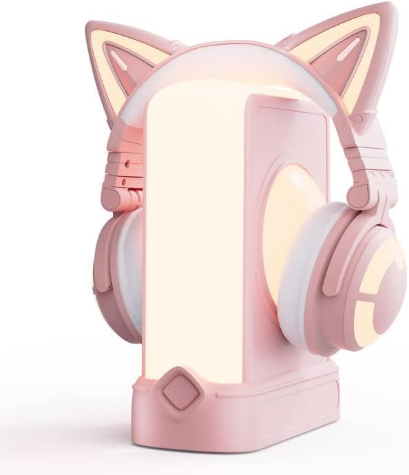 YOWU RGB Cat Ear Headphones with Crystal Stand - Pink Gaming Headset for PC, PS5, Switch | Wireless Bluetooth Headphones with LED Lights for Girls, Streaming, Anime Cosplay