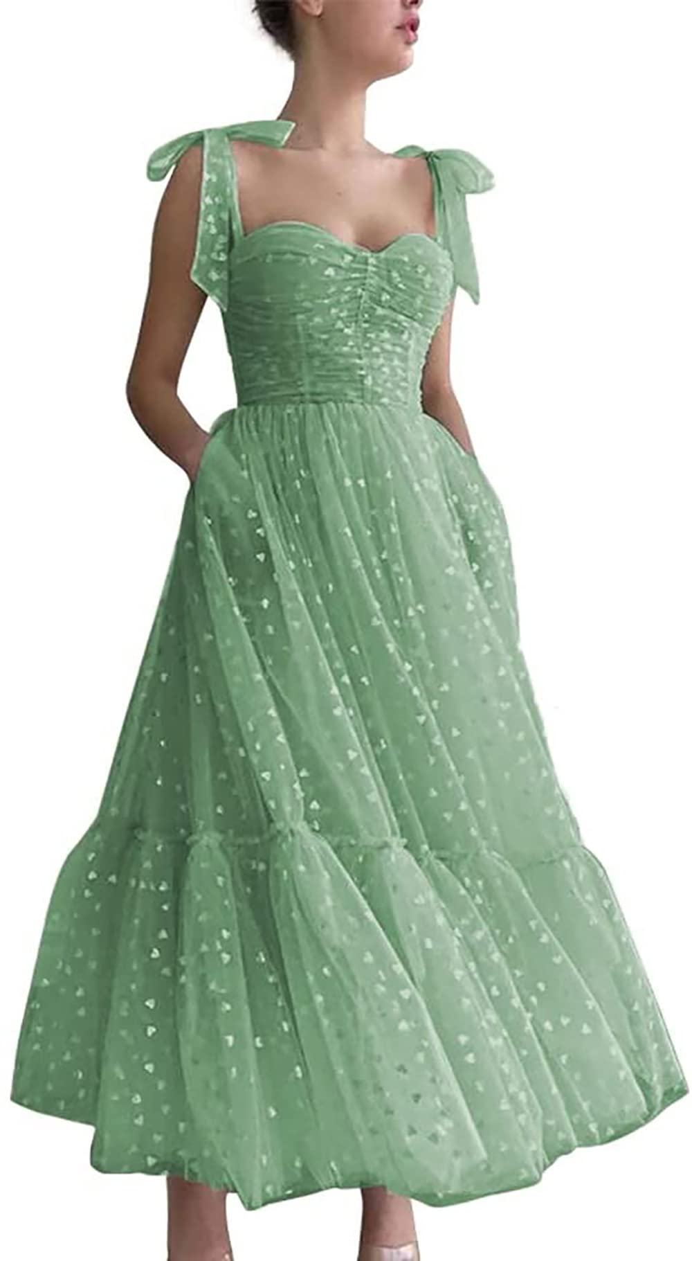 Sparkly Tulle Spaghetti Strap Prom Dress for Women - Elegant Cocktail & Graduation Evening Gown, Tea Length Formal Dress for Parties, Dances & Special Occasions