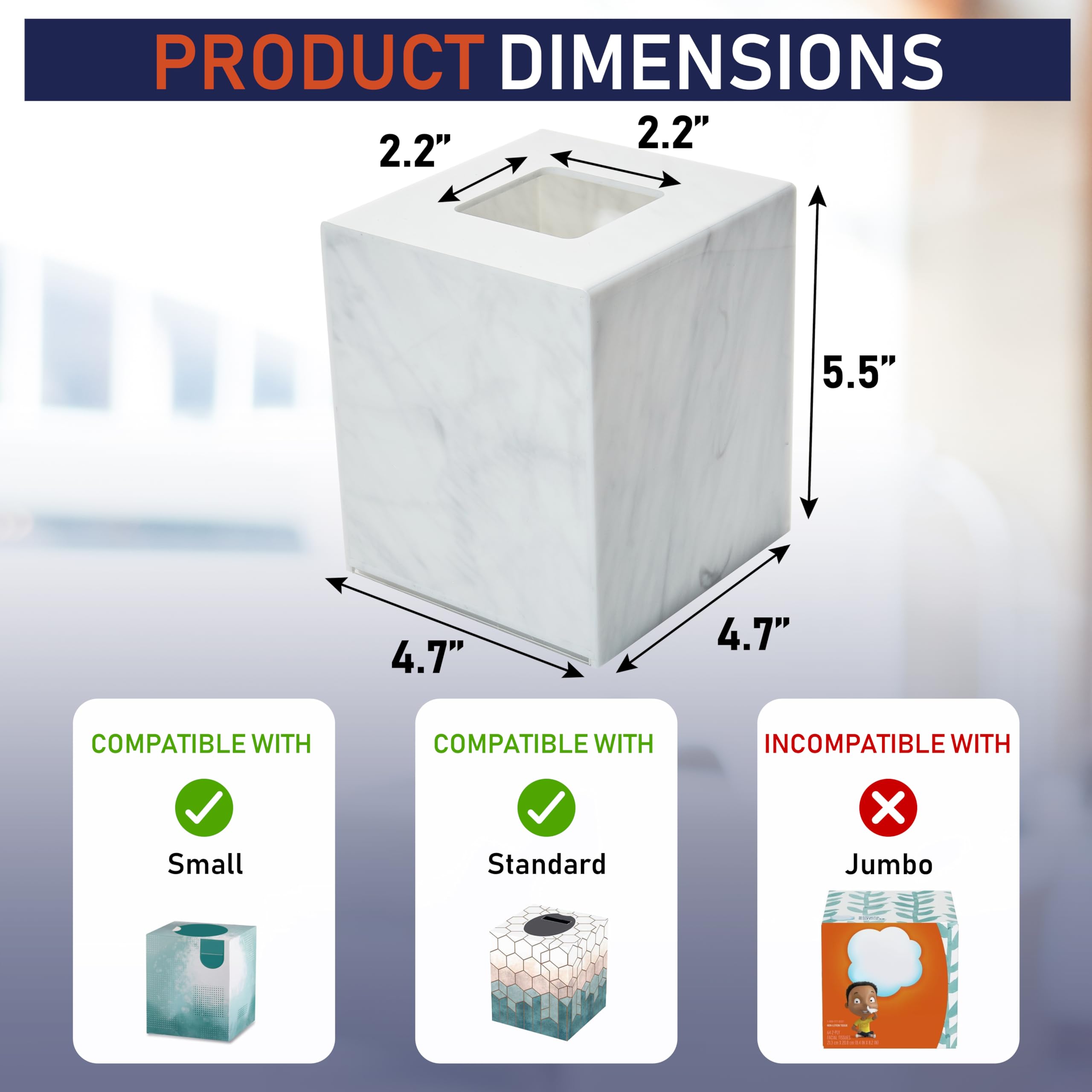 Square Acrylic Tissue Box Holder - Stylish Dispenser for Facial Tissues, Napkins & Dryer Sheets | Perfect for Bathroom, Bedroom, Office Desk, Vanity Countertop & Nightstand | Marble Pattern Home Decor Organizer
