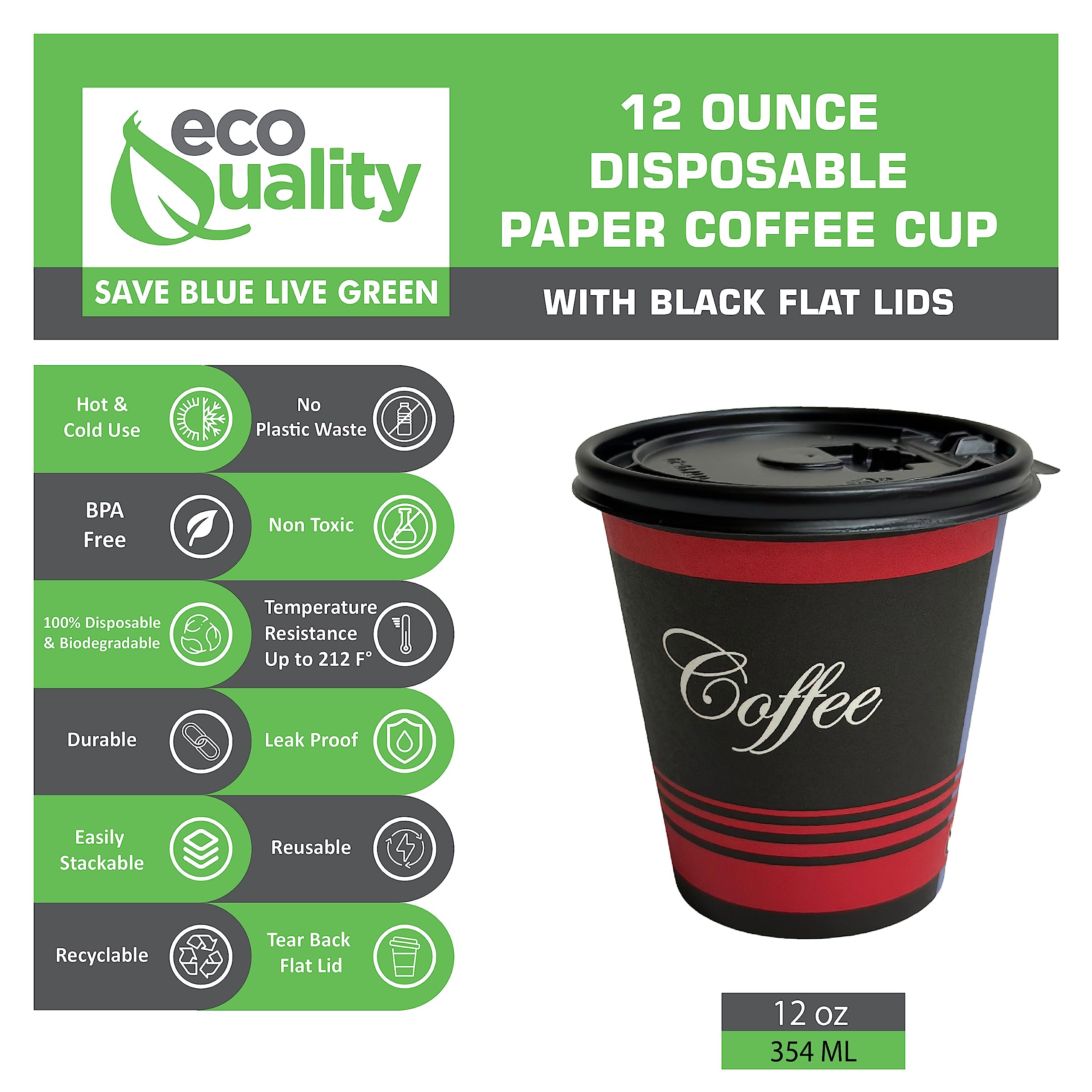 EcoQuality 12 oz Recyclable Paper Coffee Cups with Black Flat Lids - 250 Pack | Hot & Cold Beverage Cups for Tea, Coffee, Water | Perfect for Travel, Office, Breakroom, Picnic & Outdoor Events