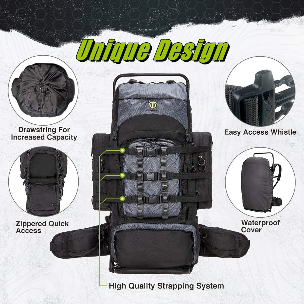 TIDEWE 5500cu Hunting Backpack with Adjustable Frame, Waterproof Rain Cover - Perfect for Bow, Rifle & Pistol Hunting Gear - Ideal for Outdoor Adventures, Camping & Tactical Missions