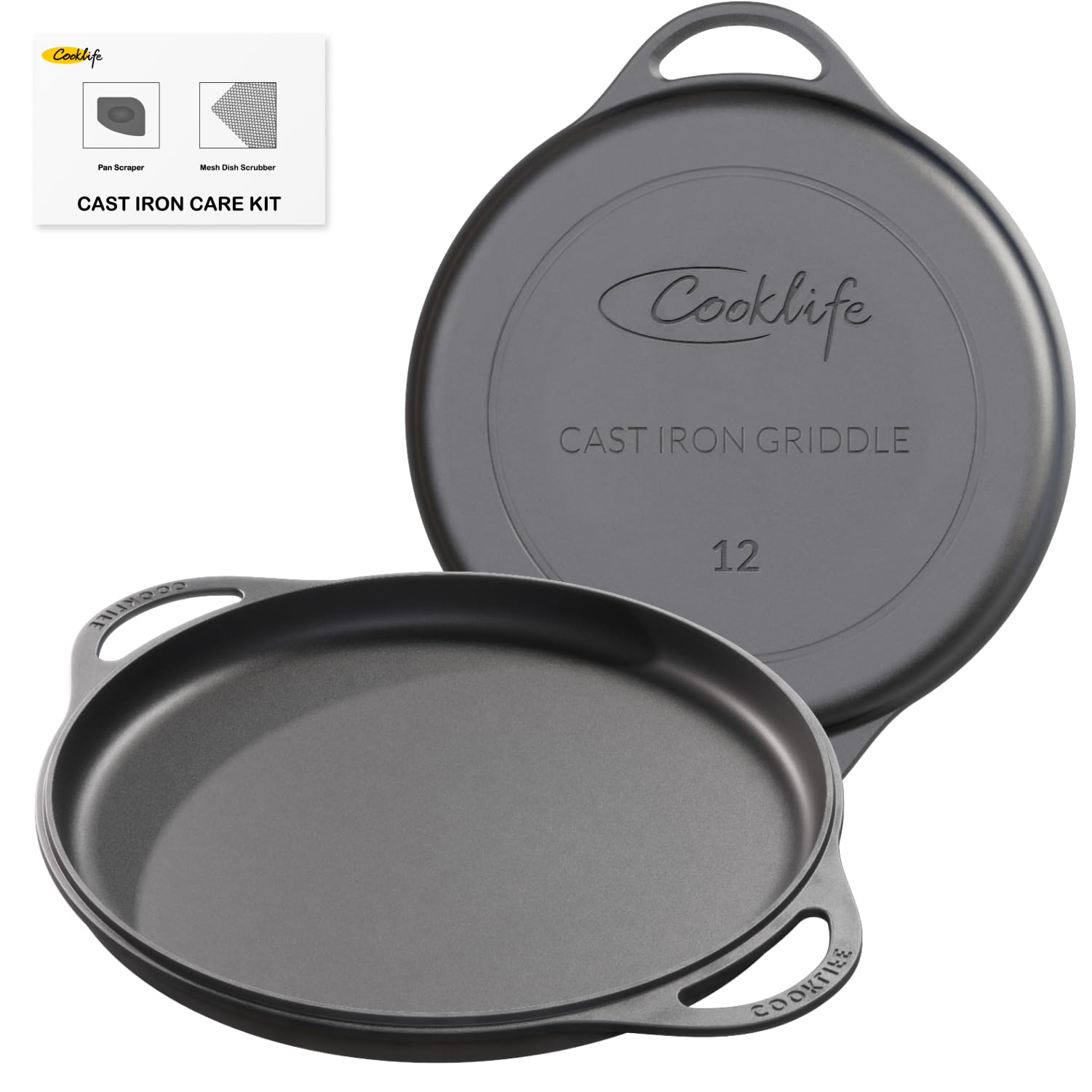 12 Inch Pre-Seasoned Cast Iron Griddle - Smooth & Light Round Pizza Pan for Oven, Stove, Grill & Campfire - Easy to Clean Black Cast Iron Skillet - Perfect for Baking, Grilling, Camping & Outdoor Cooking