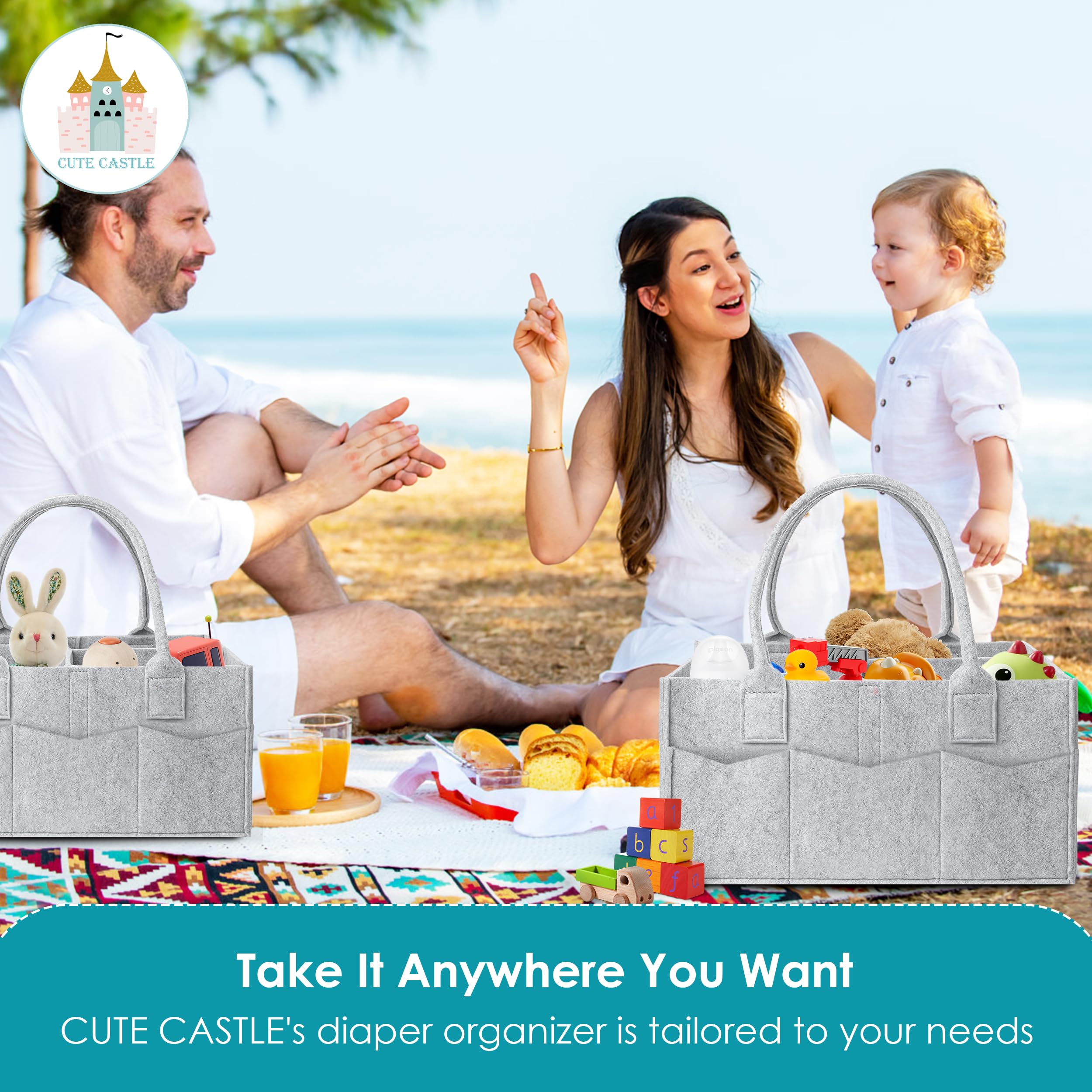 2 Pack Cute Castle Diaper Caddy Organizer - Portable Baby Storage Bin with Handle for Nursery & Car - Baby Gift Basket for Girls & Boys (Grey) - Perfect for Diaper Storage, Baby Essentials & On-the-Go Organization
