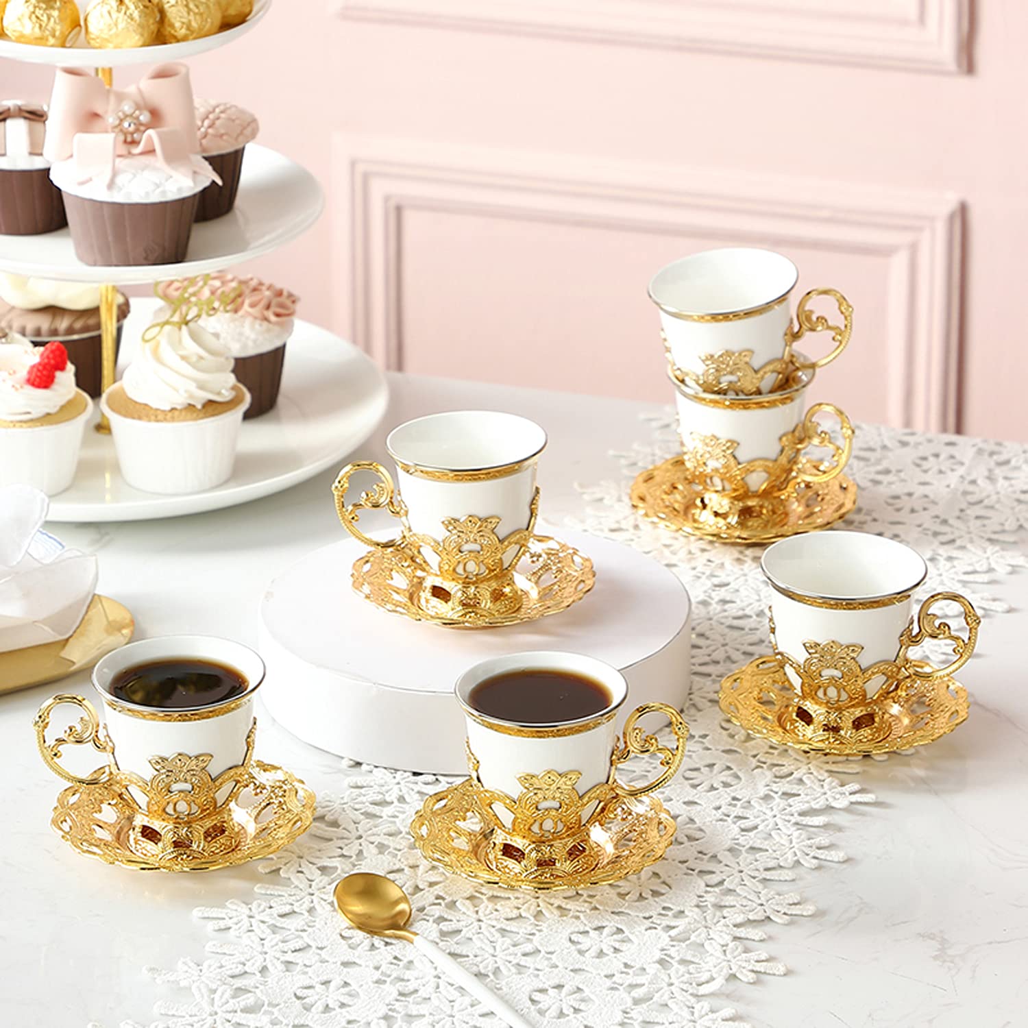 Premium Espresso & Turkish Coffee Cups Set of 6 with Saucers - 2.8oz Porcelain Tea Cups for Women (White & Gold) - Perfect for Home Cafes, Gifts & Afternoon Tea Parties